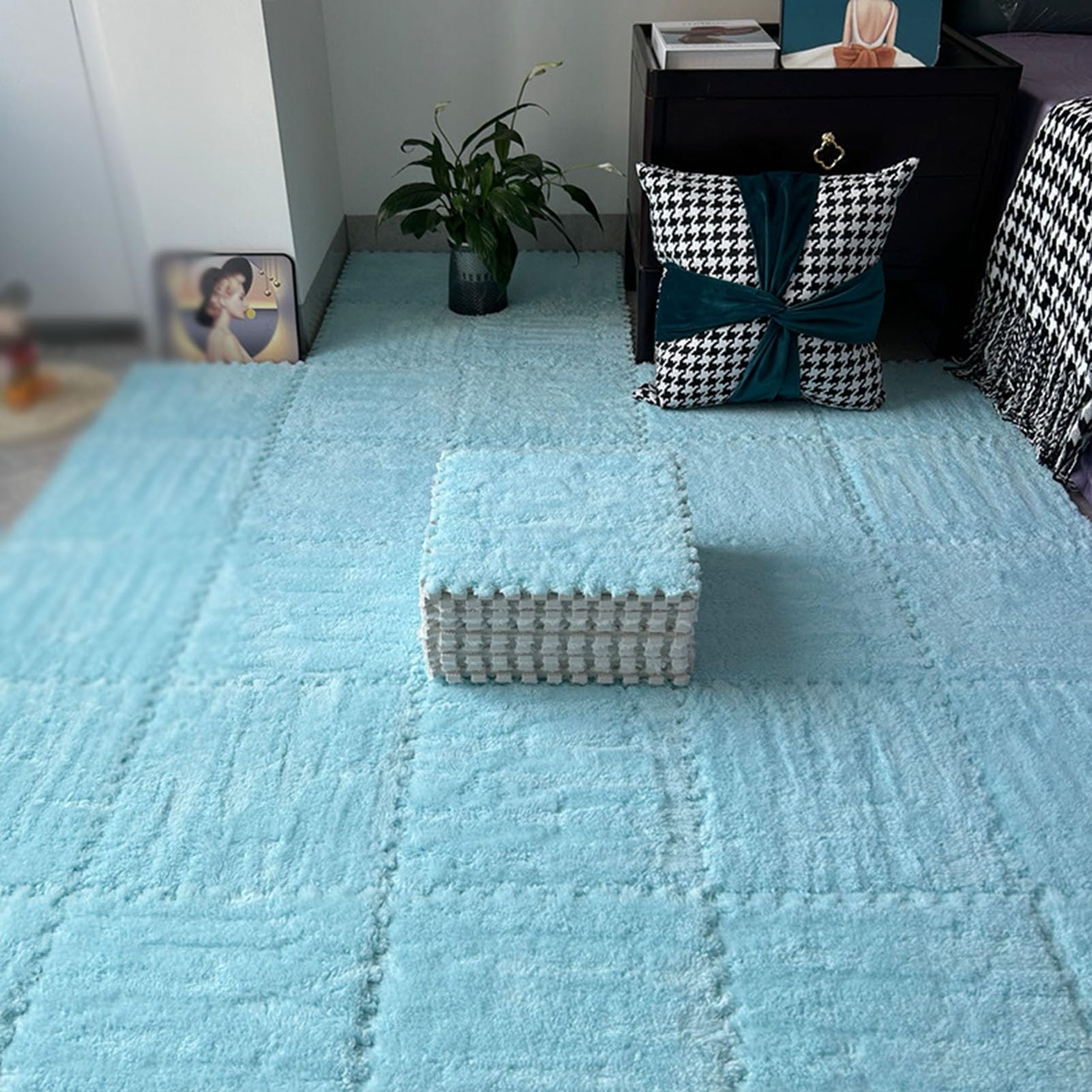 Dalles de sol en mousse bleu clair tapis puzzle moquette emboîtable pelucheux 30x1cm