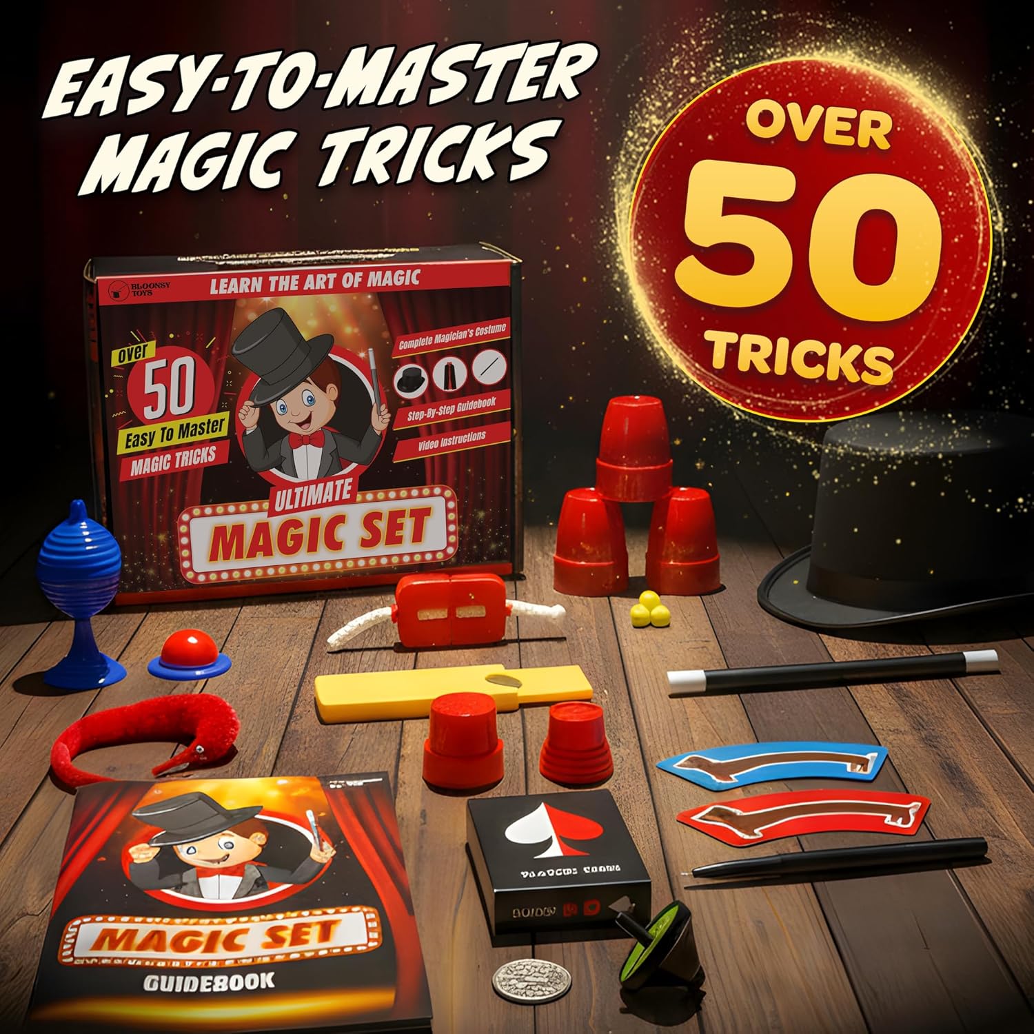 BLOONSY Magic Kit for Kids | Magic Tricks Set for Kids Age 6 8 10 12 | Magician Costume for Pretend Play with Easy to Follow Guide and Video Instructions Included