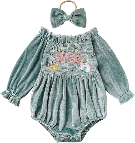GRNSHTS Baby Girl First Birthday Clothes Velvet One Year Old Romper Long Sleeve Bodysuit+Headband 2Pcs Cake Smash Outfits