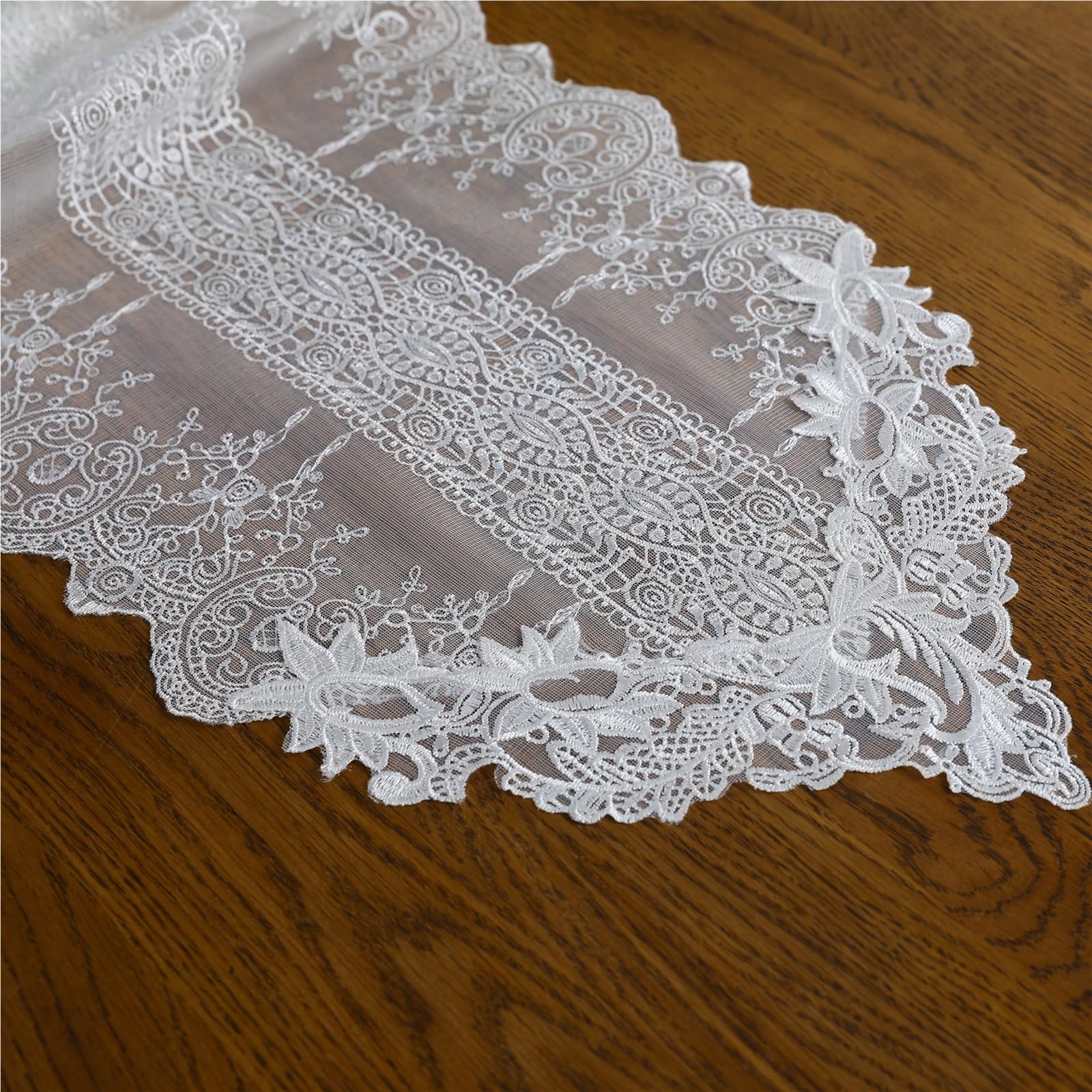 Runner da tavola in pizzo, Runner da tavolo in pizzo ricamato con rose bianche(30 * 310cm(11.8'*122.0'))