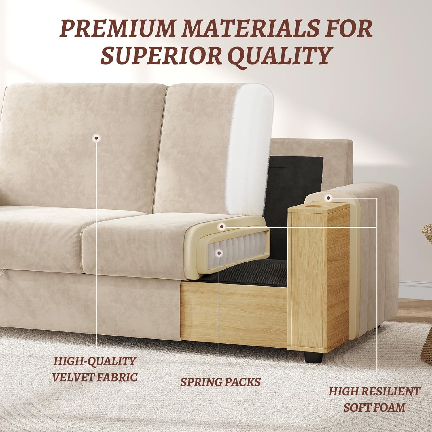 COPIAE Loveseat Sofa, Larger Couch Velvet Fabric with Storage, Charging Ports, Heightened Backrests, Removable Cover Modern Comfy Couches Easy Assembly for Living Room, 88 Inch Beige