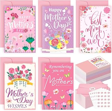 Motiskyy 100 Pcs Mothers Day Greeting Cards, Mothers Day Cards Bulk with Pink Envelopes and Stickers Blank Inside for Mothers Day Mom Birthday Gift Supplies for Florist Church Mom Flower