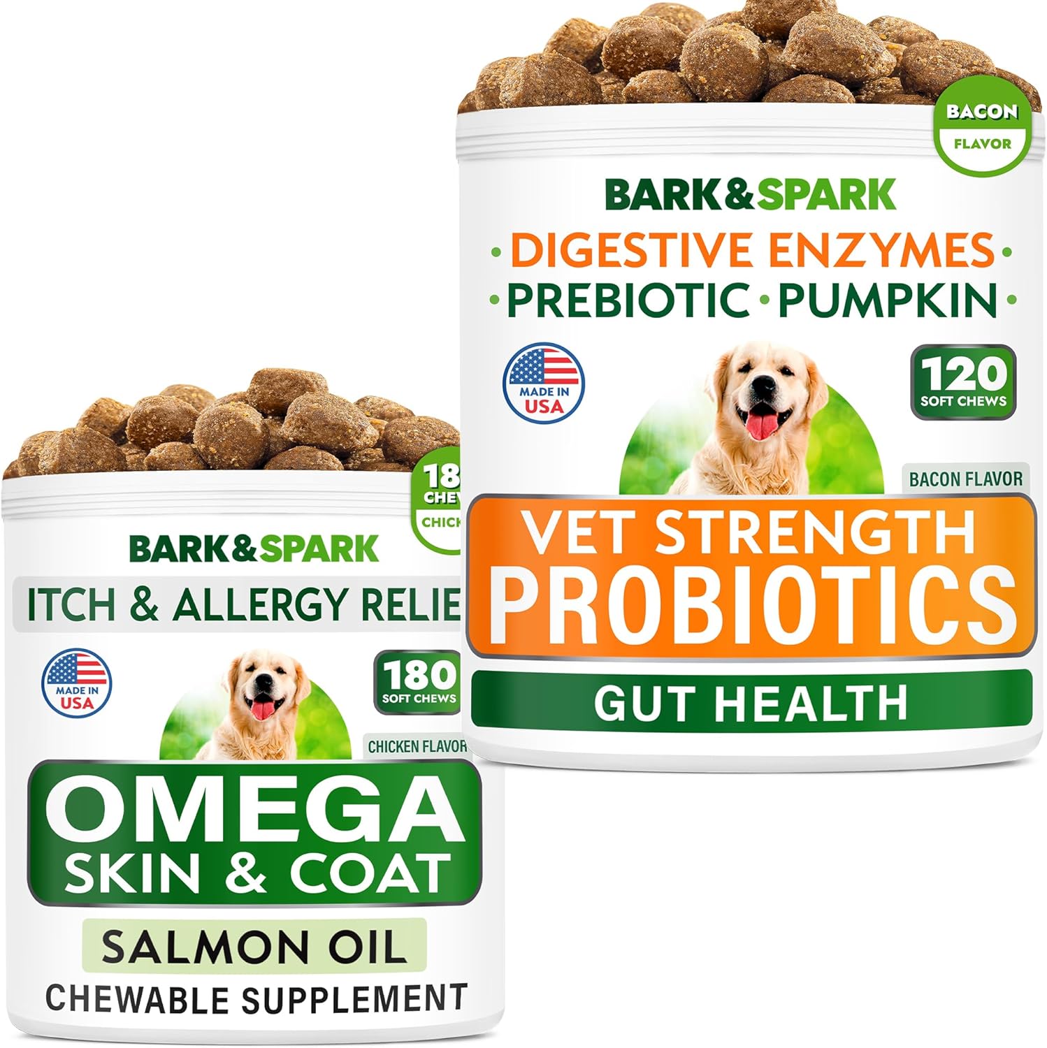Vet Strength Dog Probiotics + Omega 3 Fish Oil Treats - Dog Shedding, Skin Allergy, Itch Relief - Digestive Enzymes & Gas, Diarrhea, Constipation Relief Supplement - Made in USA
