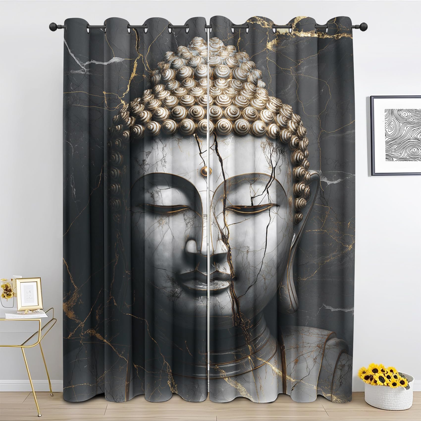 Schwarz Gold Marmor Buddha-Statue Vorhänge Orientalisch Meditation Blickdicht Vorhang, Thermo Gardinen mit Ösen Verdunklungsvorhänge für Wohnzimmer Schlafzimmer Fenster Deko 2er Set 200x140 cm