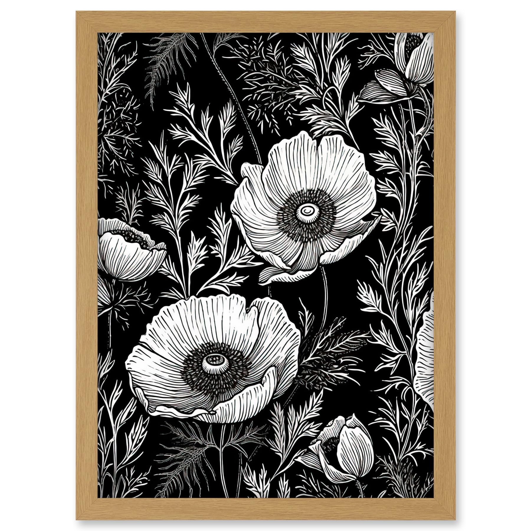 Artery8 Poppy Wild Flower Pattern Black and White Linocut Artwork Framed A3 Wall Art Print