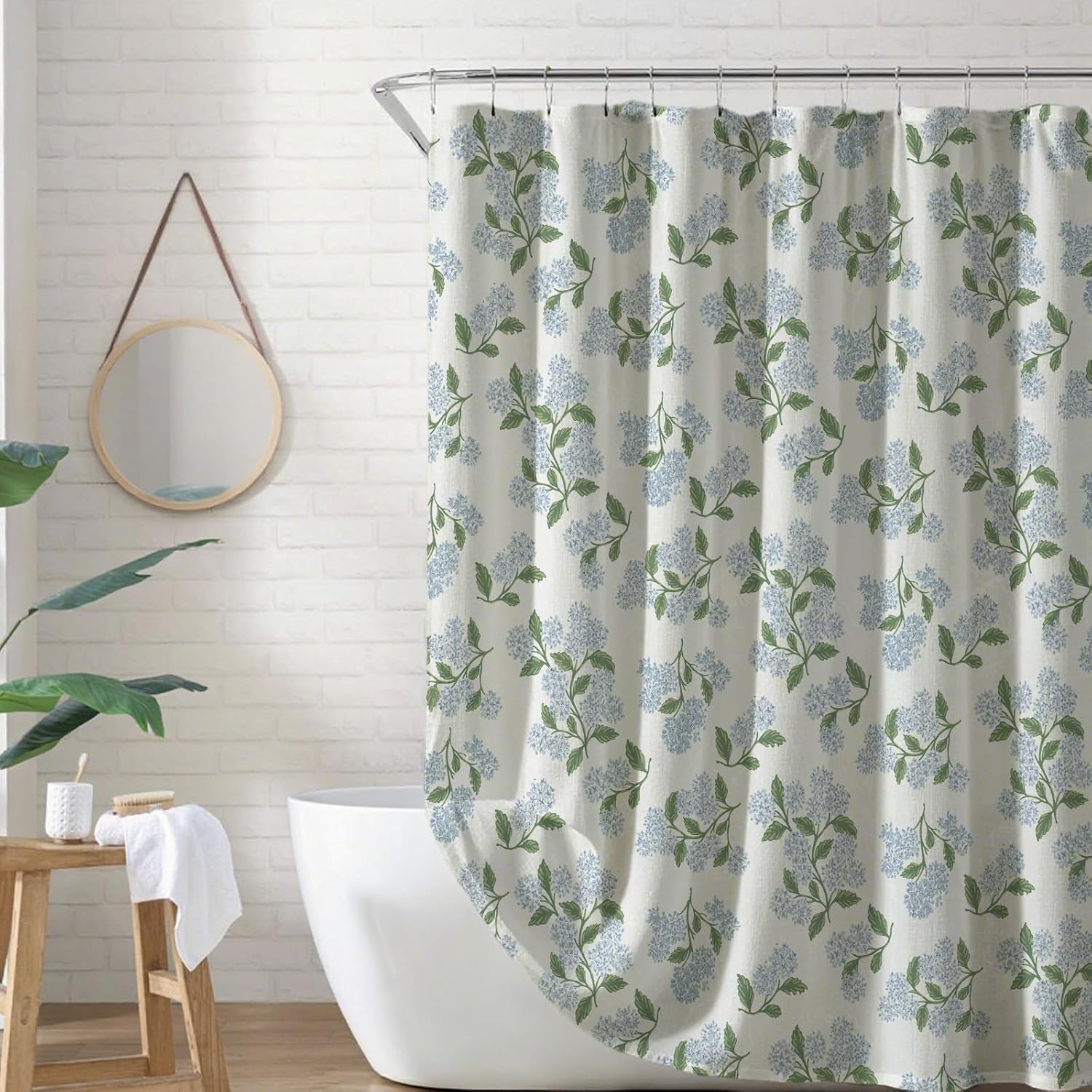 MUGINYU Linen Shower Curtain 84x72 - Blue Green Hydrangea Vintage Floral Pattern, Farmhouse Boho Bathroom Decor for Summer Seasonal Style