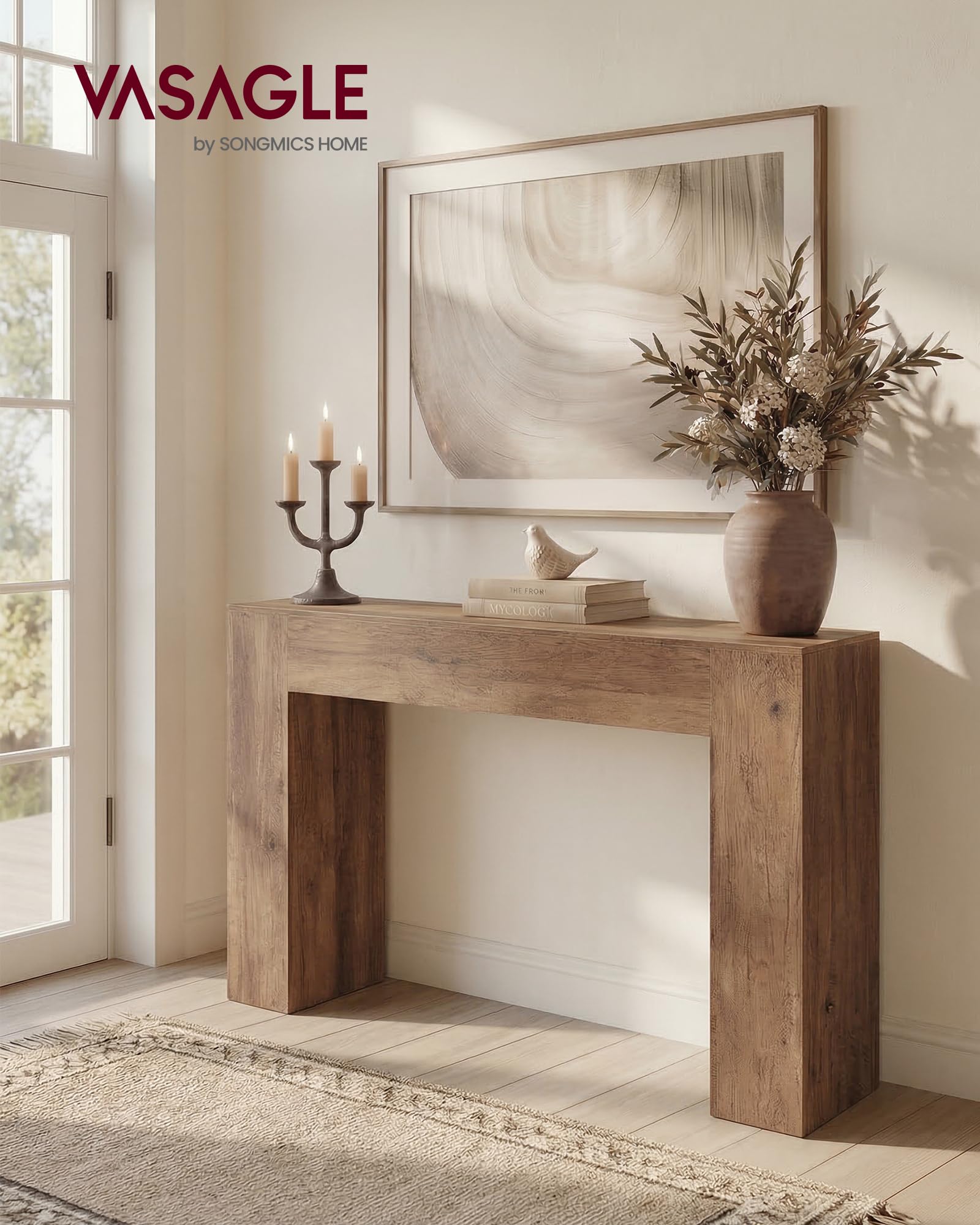 VASAGLE Konsolentisch aus Spanplatte, schmaler Flurtisch in U-Form, 120 x 30 x 80 cm, Honigbraun, für Eingangsbereich und Wohnzimmer, Koni Kollektion LNT144KB01