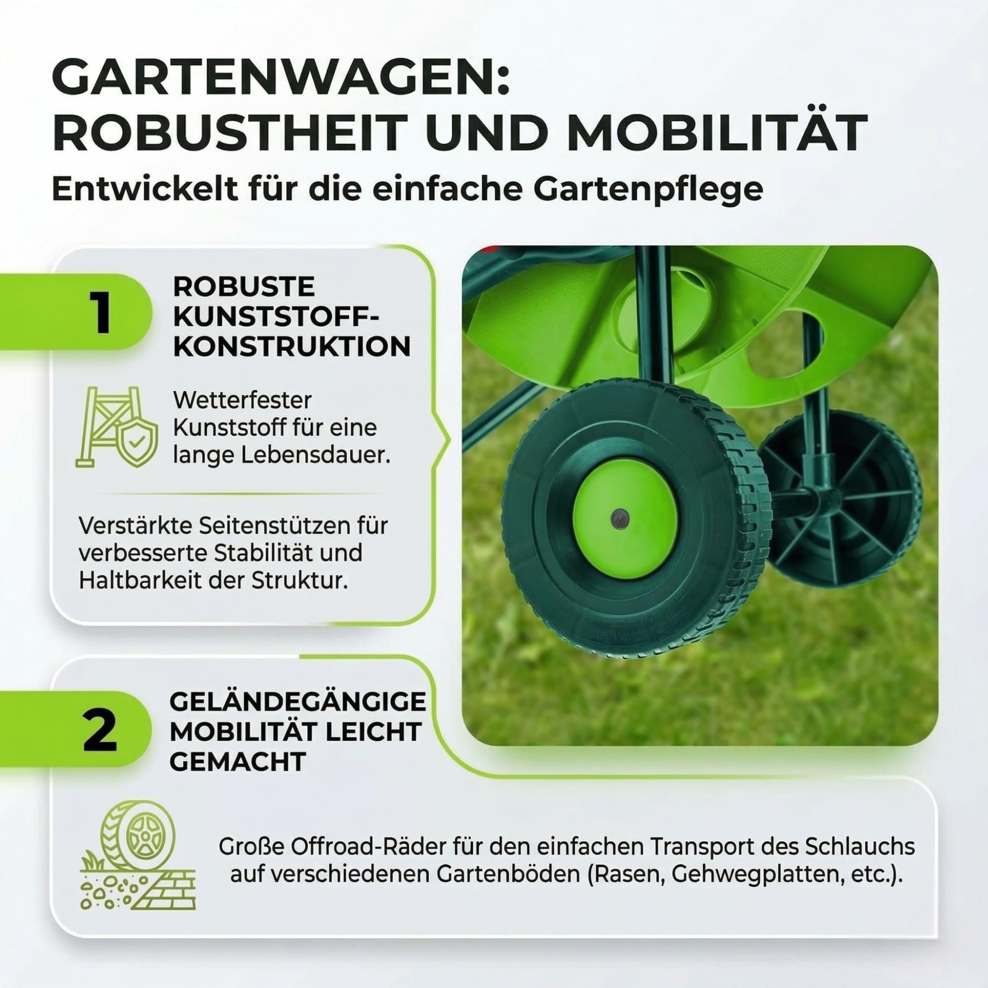 VERTO Gartenschlauchwagen mit bis zu 50 m - Gartenschlauchständer für Gartenschläuche, Verstärkte Seiten des Ständers, Praktische Kurbel zum Aufrollen des Schlauchs