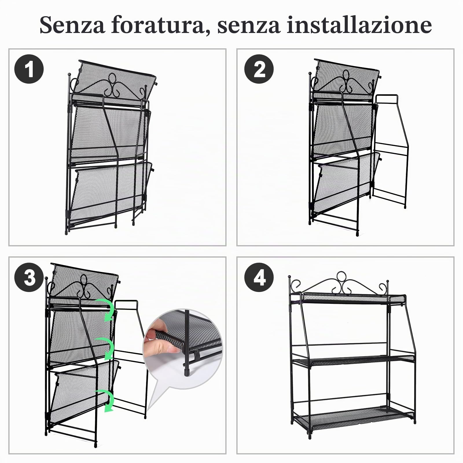 Uten Portaspezie a 3 Ripiani, Porta Spezie da Cucina, Portaspezie Salvaspazio, Supporto Porta Spezie, Pieghevole, Organizer per Cucina, Bagno e Camera da Letto