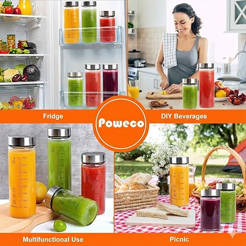 Miniatura 6 de Botellas de vidrio para jugo, paquete de 4 botellas de agua de vidrio de boca ancha con tapas, para jugos, proteínas, licuados, leche, 4-Paquete