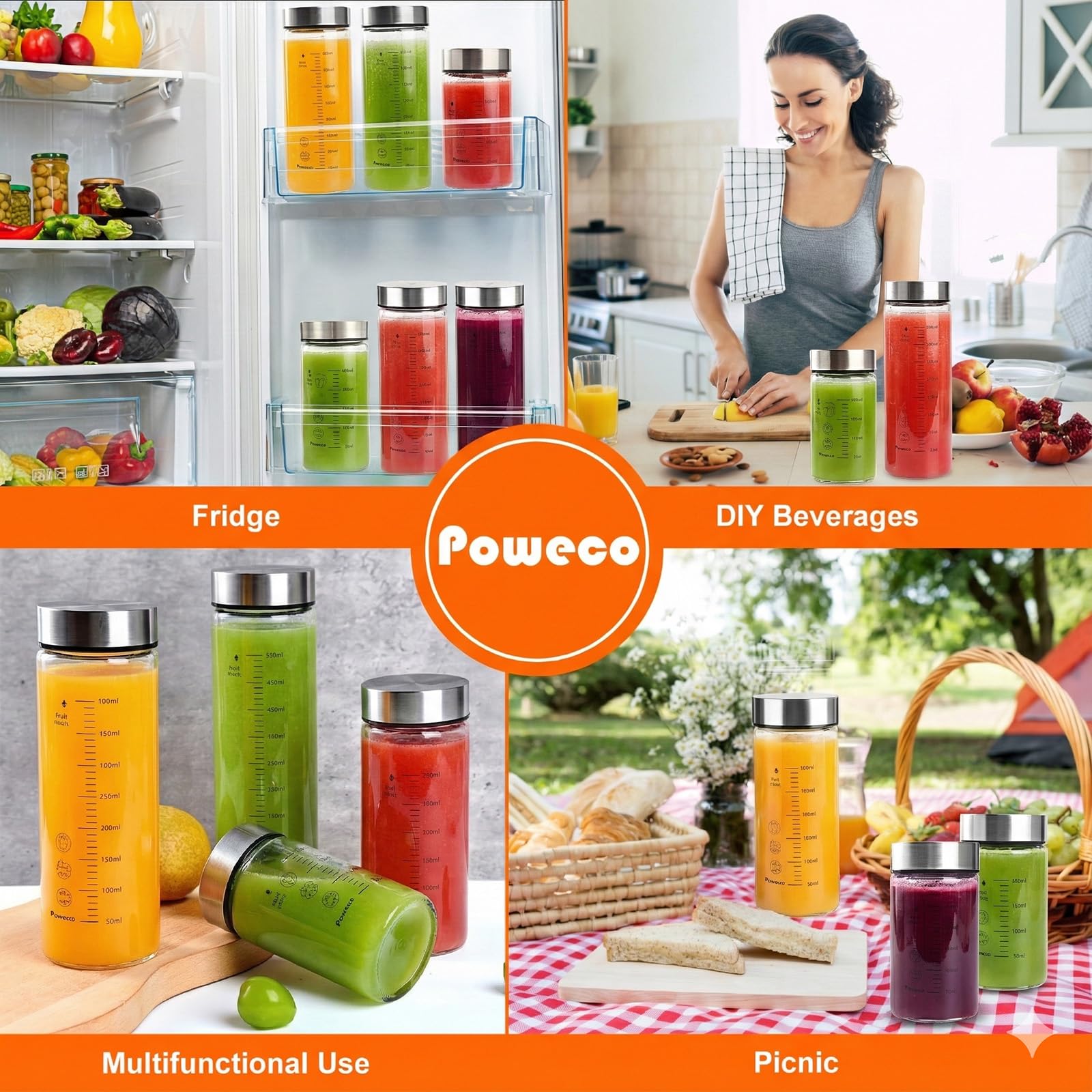 Lot de 6 bouteilles d'eau en verre de 355 ml à large goulot avec couvercles, pour jus, protéines, smoothie, lait, réutilisables, sans BPA, couvercles en acier inoxydable, mélangeur, shaker (400 ml)