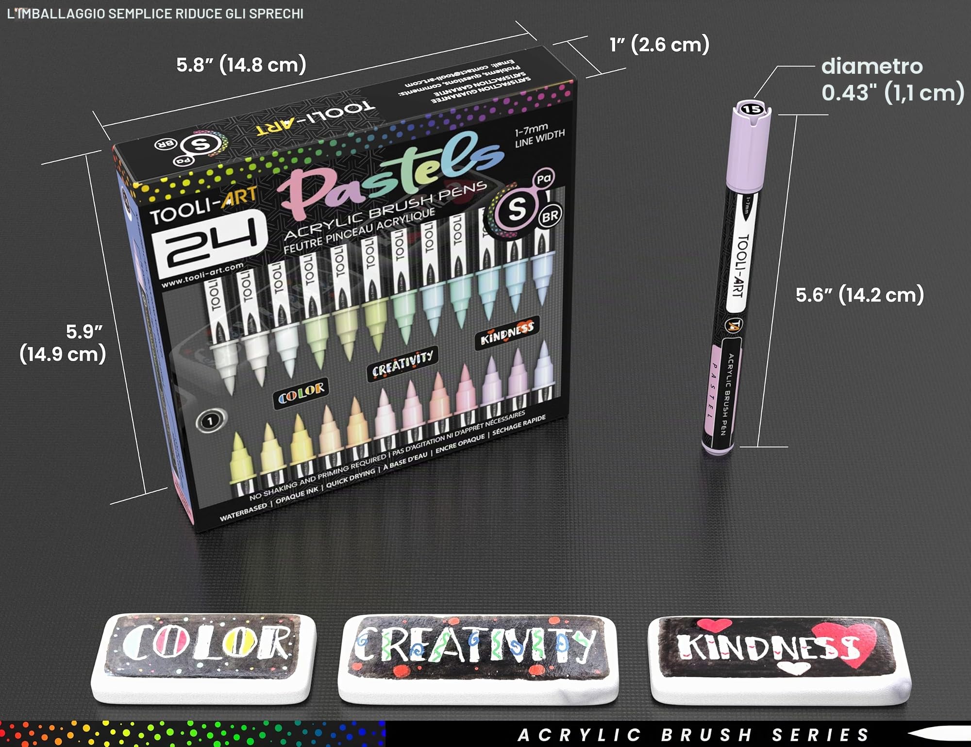 Set di 24 pennarelli acrilici con punta a pennello flessibile, tratto da 1 a 7 mm, per pittura su roccia, scritte a pennello, vetro, tazze, legno, metallo, tela, tessuto, plastica, atossici, a base