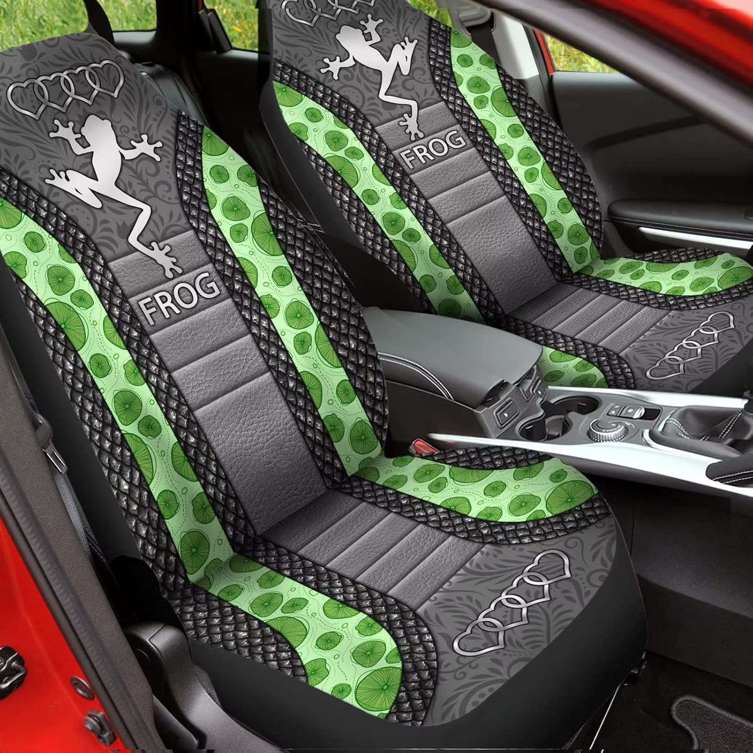 Tribal Frog Lotus Leaf Car Seat Covers Set of for 2 Front Seats, Auto Accessories Decorative Bucket Car Seat Protectors Decor Universal Fit for Car Truck SUV, Green