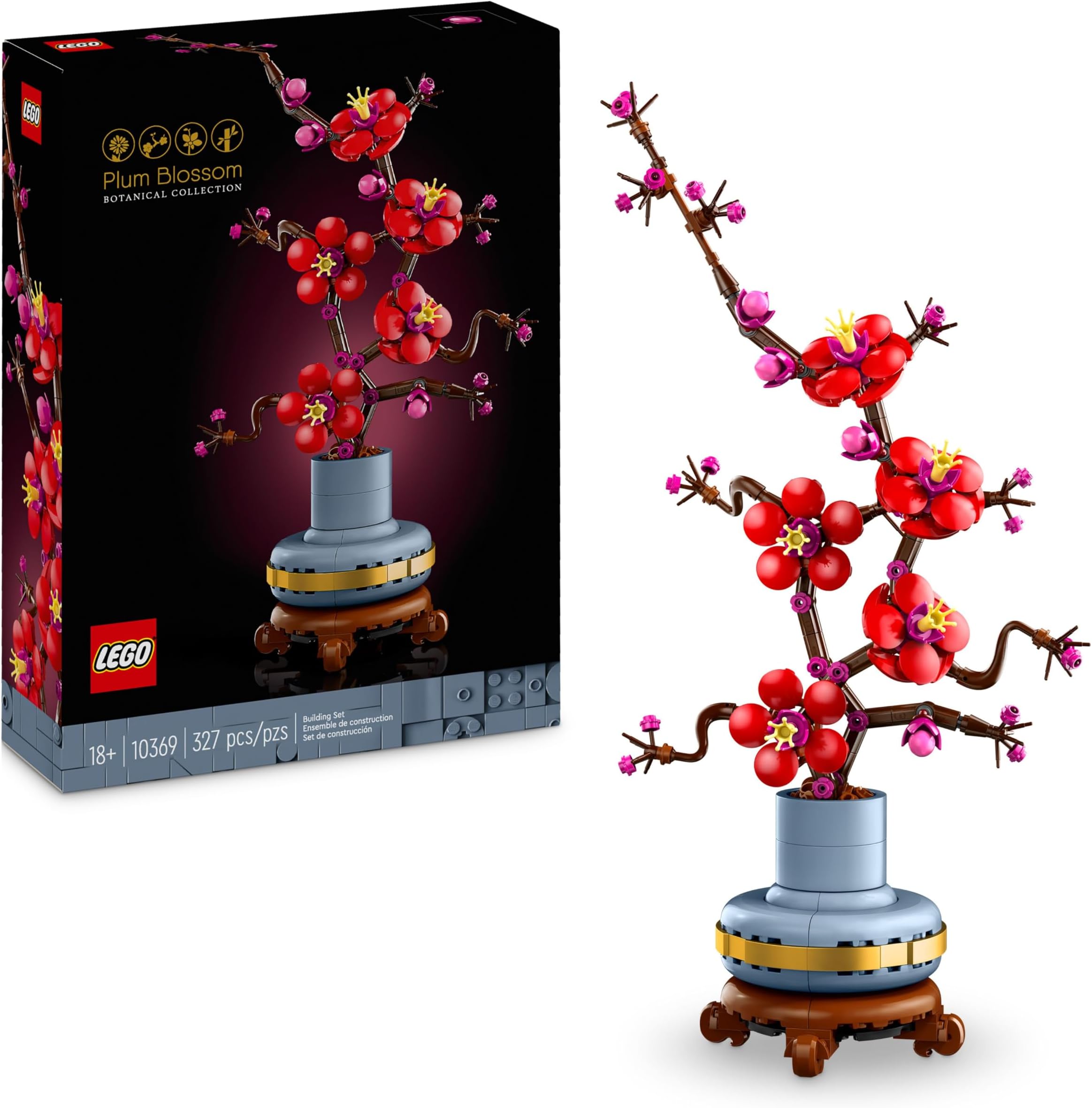 Botanicals Plum Blossom Set For Adults - Artificial Flowers for Indoor incl. a Buildable Flowerpot - Home Office Decor Display Piece - DIY Gift for Women and Men - 10369