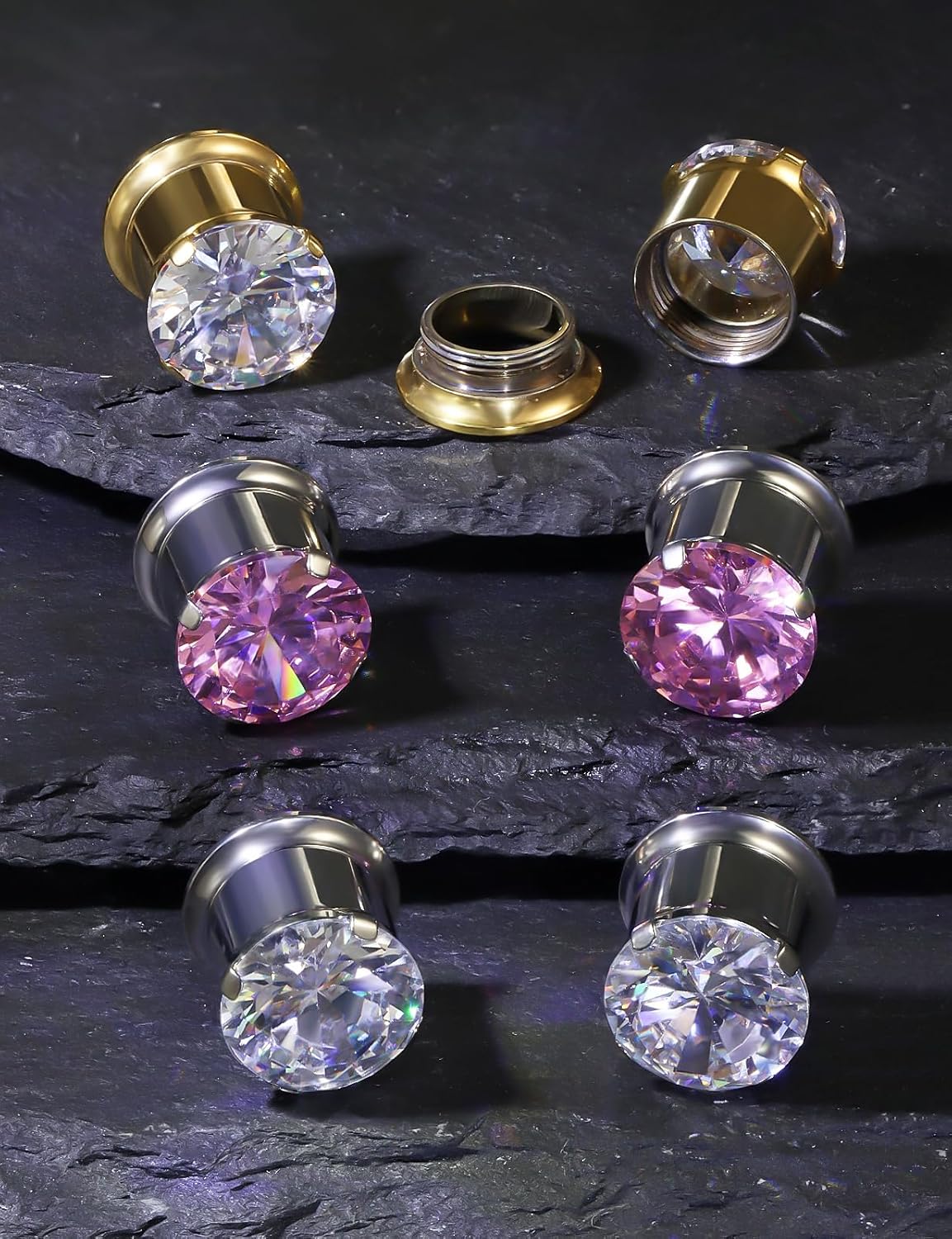 Ocptiy 10G-00G Astm F136 Titanium Gauges Tunnels for Ear Screw Fit Round CZ Ear Gauges Tunnels Plug Earrings Expander Stretcher Piercing Jewelry for Women Men Silver Gold 1 Pairs