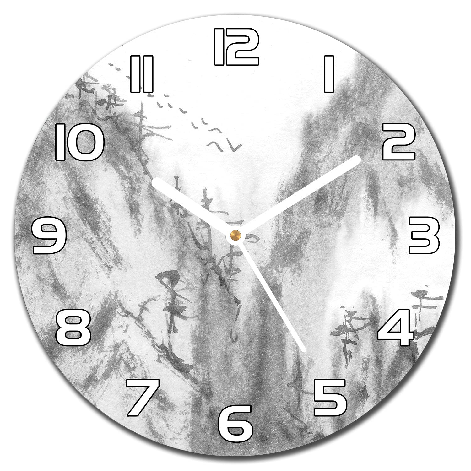 Horloge en verre 30 cm paysage de montagnes brumeuses style peinture chinoiserie