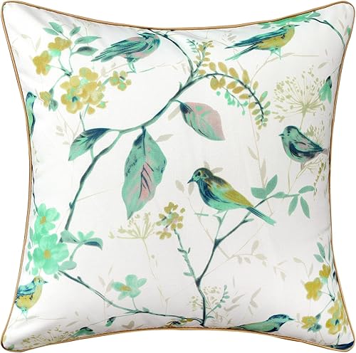 VOGOL 1 pieza funda para cojín, patrón floral de pájaros verdes impreso para decoración rústica del hogar, funda de cojín de 45,7 x 45,7 cm para