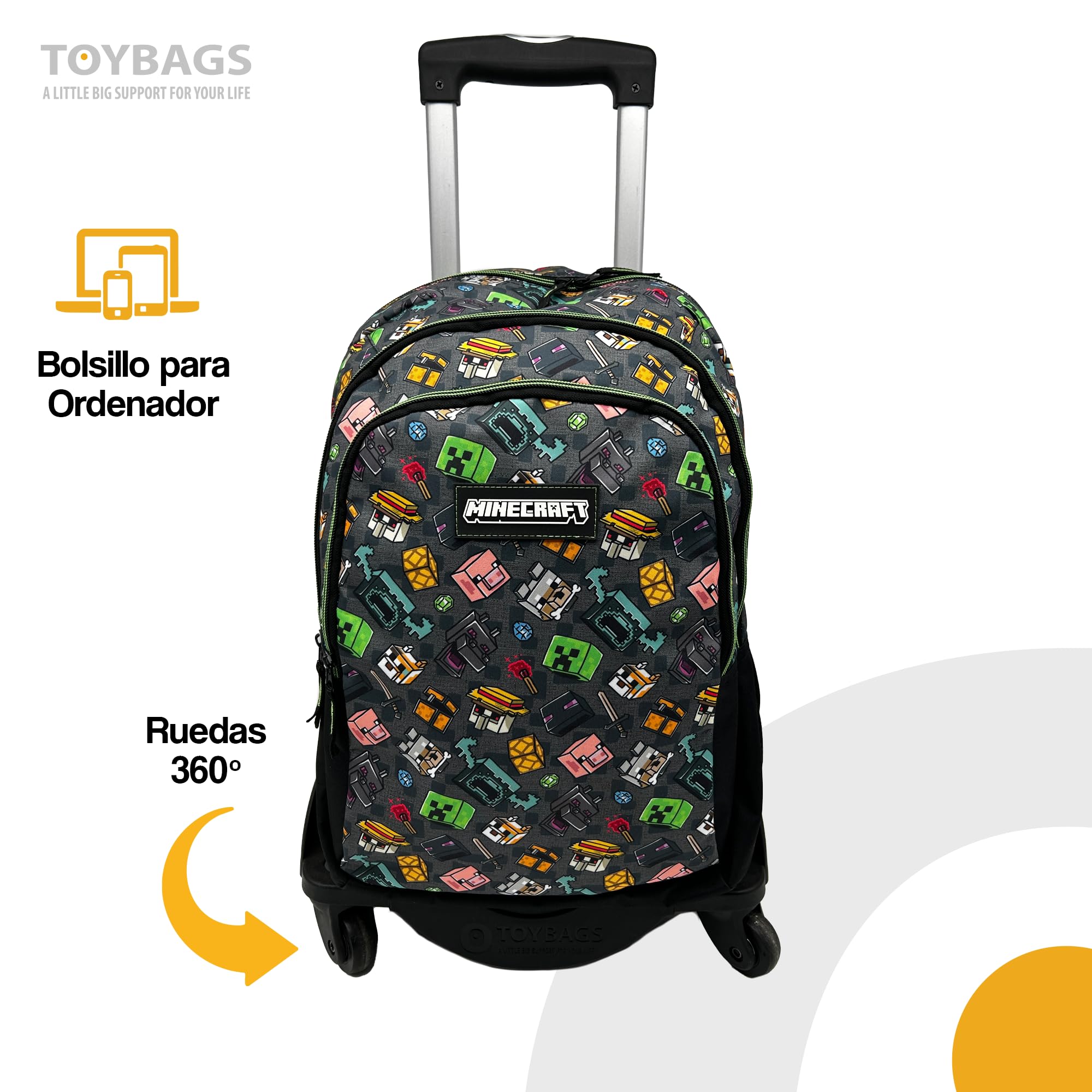 ToyBags Mochila Escolar Minecraft Pixel 25 Doble Compartimento Adaptable con Carro Negro con Protección Lateral y Stoper Frontal Anti Caída 4 Ruedas Giratorias 44 x 30 x 20 cm