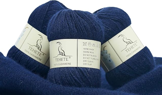 TEHETE 100% Cashmere Yarn for Knitting and Crochet 3 ply 50g × 3 Balls 250m Soft and Luxurious - Navy Blue