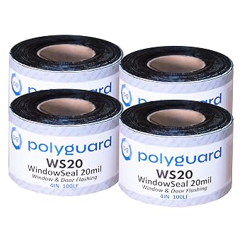 POLYGUARD WindowSeal Window and Door Flashing Tape, 4 in x 100 ft Roll, 20 mil Thick, Self-Sealing & Self-Adhering Waterproof Barrier, Pack of 4