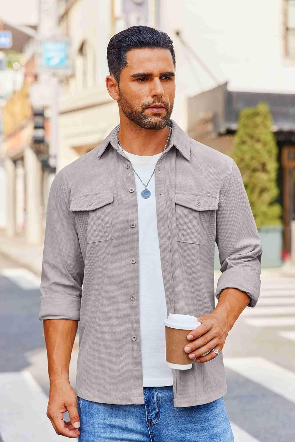 COOFANDY Men's Button Down Waffle Shirt Jacket Casual Long Sleeve Shacket Lightweight Overshirts with Flap Pockets - Image 2