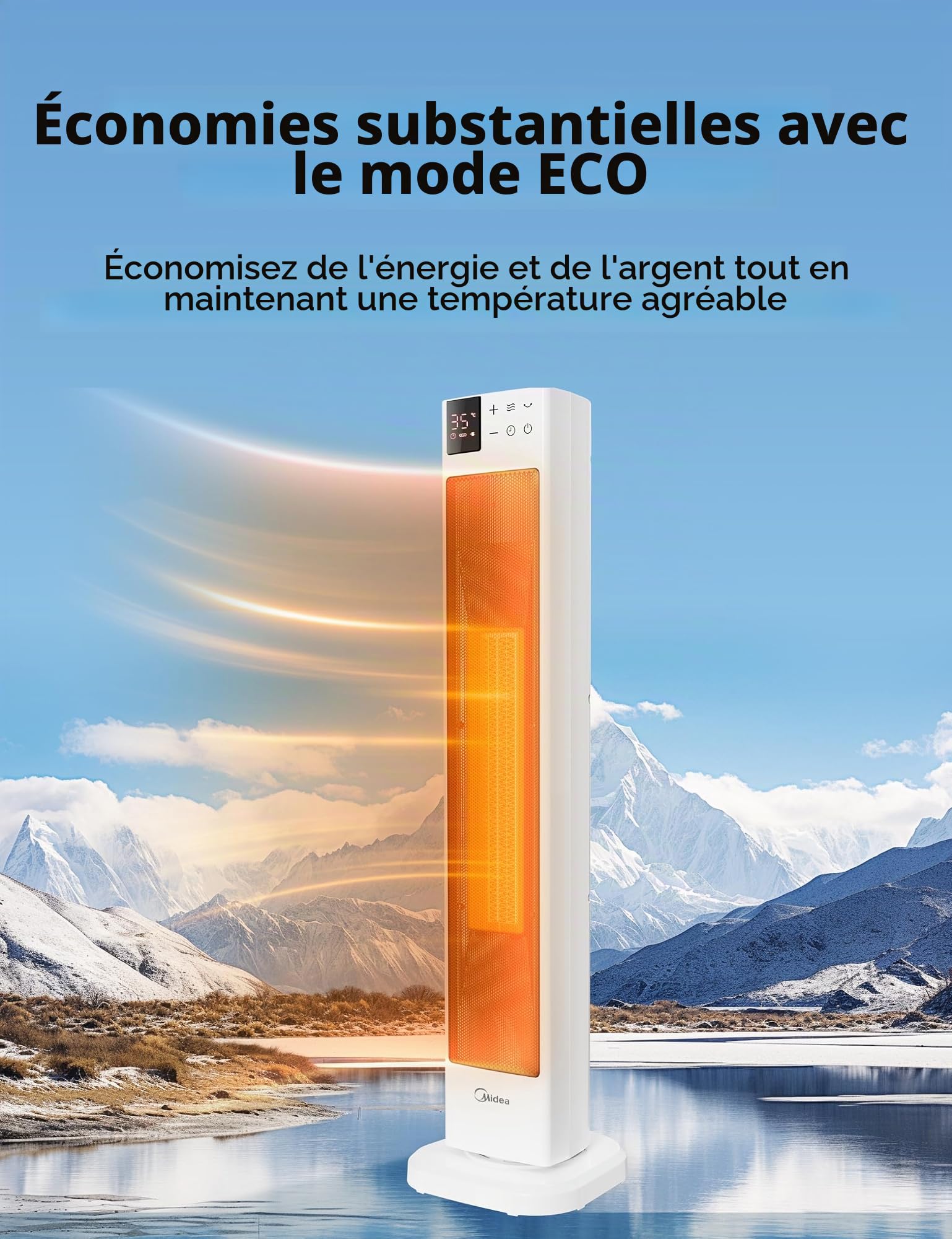 Midea Chauffage Électrique Économique et Silencieux avec Télécommande, PTC 2000W Radiateur en Céramique avec Thermostat, Minuterie 24H, Mode ÉCO, pour Grandes Pièces, Oscillation à 75°, 76,5CM
