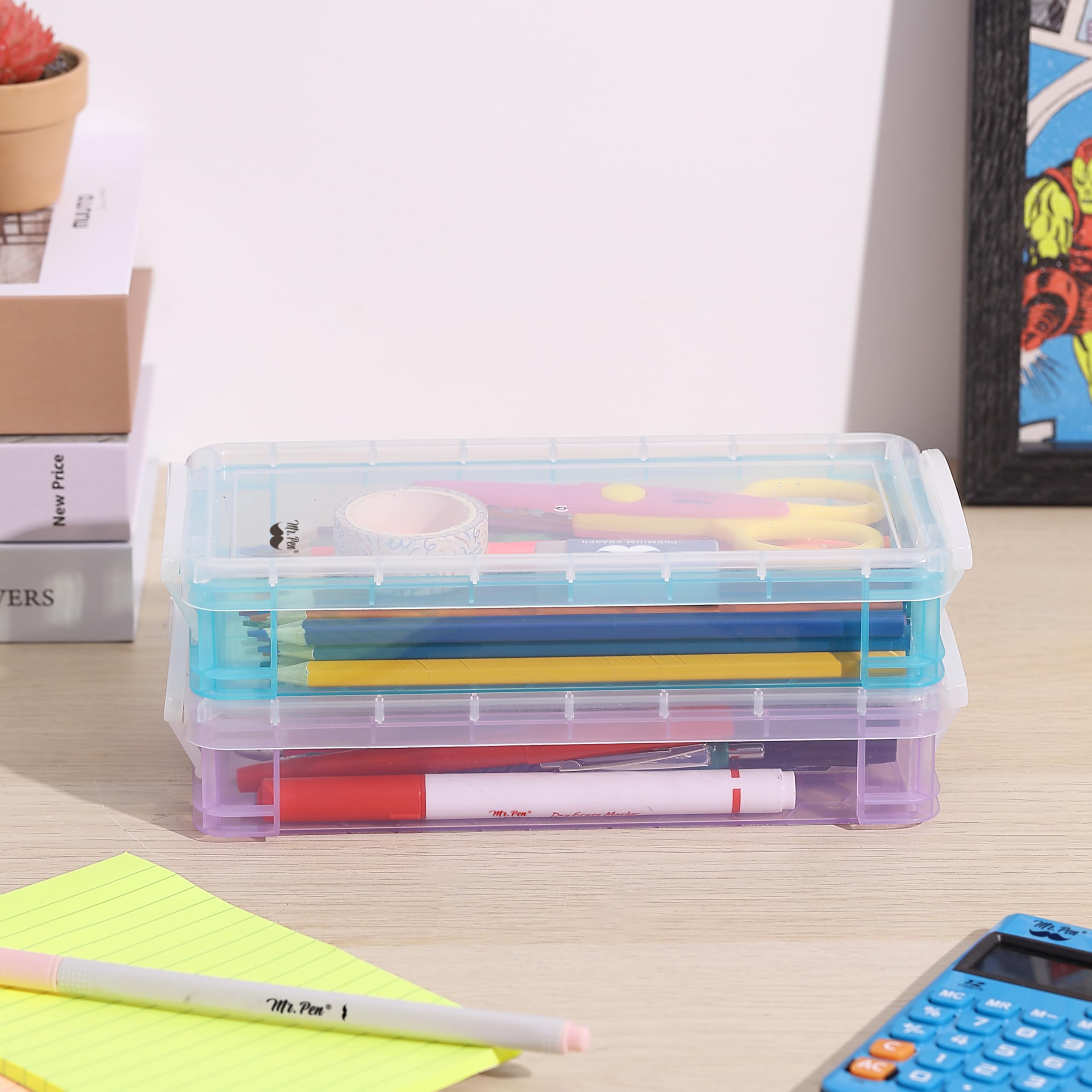 Mr. Pen- Pencil, Crayon Box, Assorted Color, 2 Pack, Clear Plastic Hard Pencil Case, School Supply Box