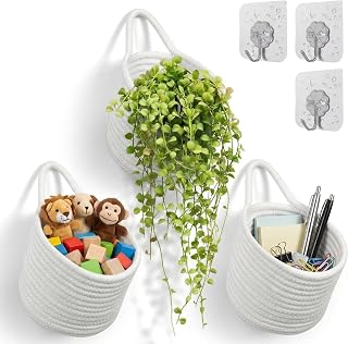 White Hanging Cotton Rope Storage Baskets 3 Pack with Adhesive Hooks, 6.3"×6.3" Wall Mount Desktop Bedroom Organizer for Plants, Keys, Desk Accessories & Cosmetics