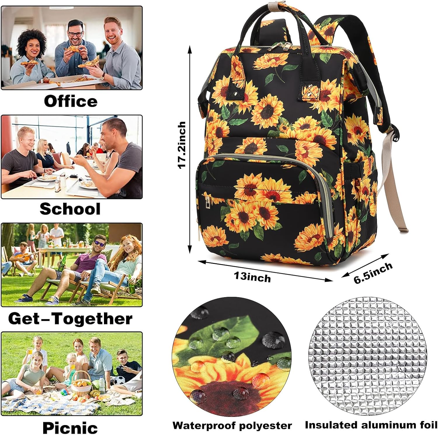 Sunflower Insulated Lunch Laptop Backpack Backpack for Women, Girls School Backpack College Bookbags Picnic Cooler Backpack
