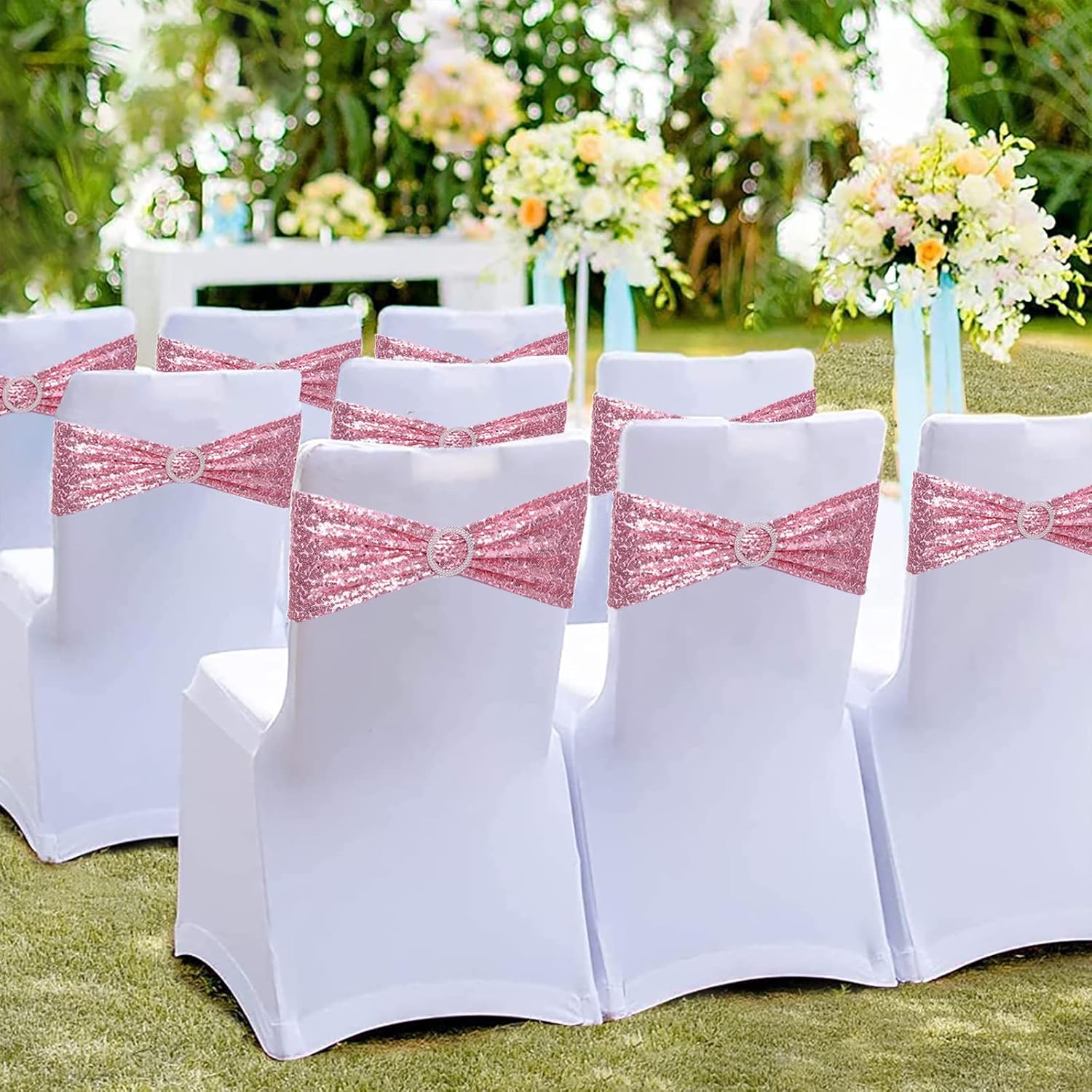 Sequin Chair Sashes with Buckles, Pack of 100 Stretchy Spandex Chair Bands One Side Sequin Bow for Wedding Party Banquet Reception Decoration (Pink)
