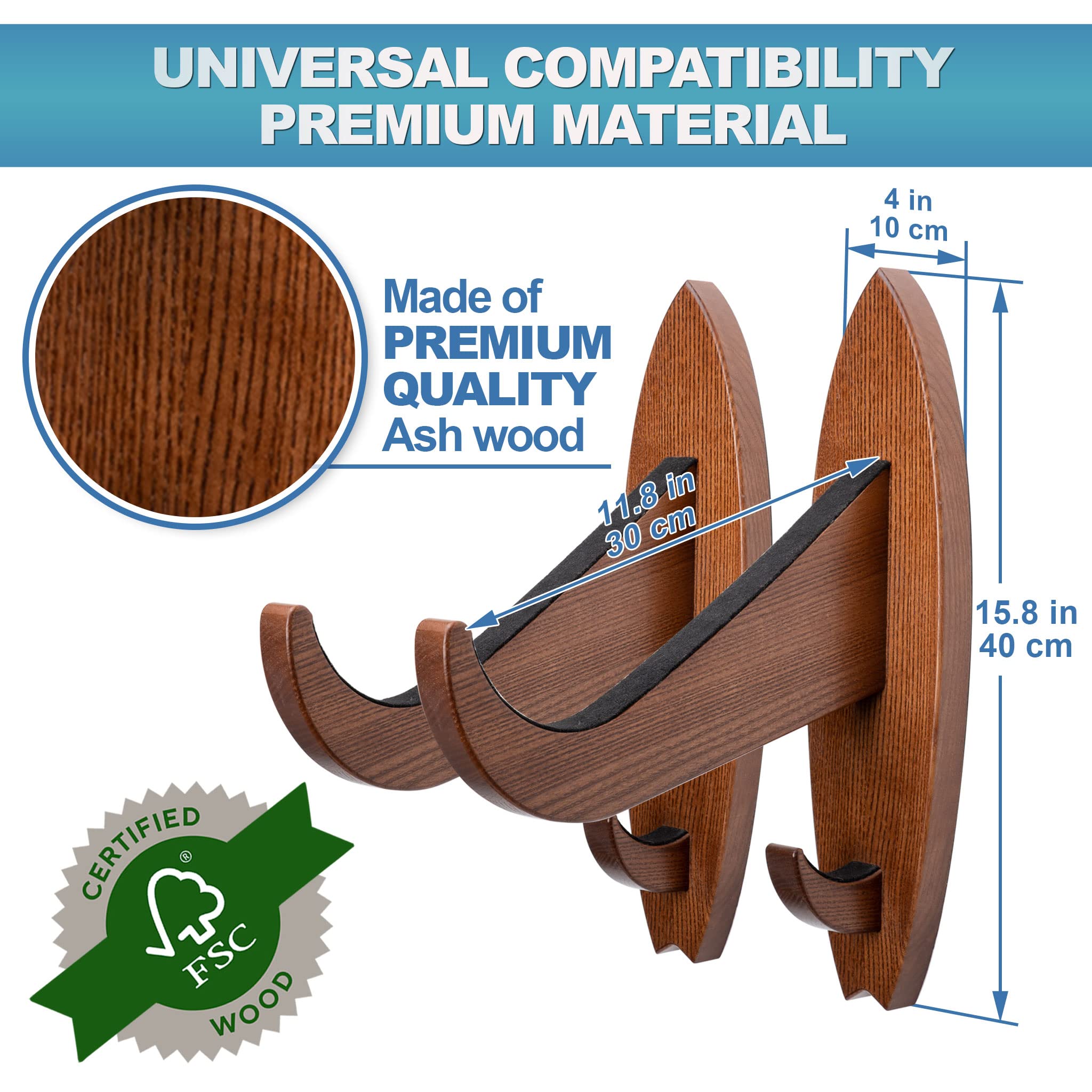 TESLYAR Soporte para tabla de surf madera de fresno acabado natural marrón grande
