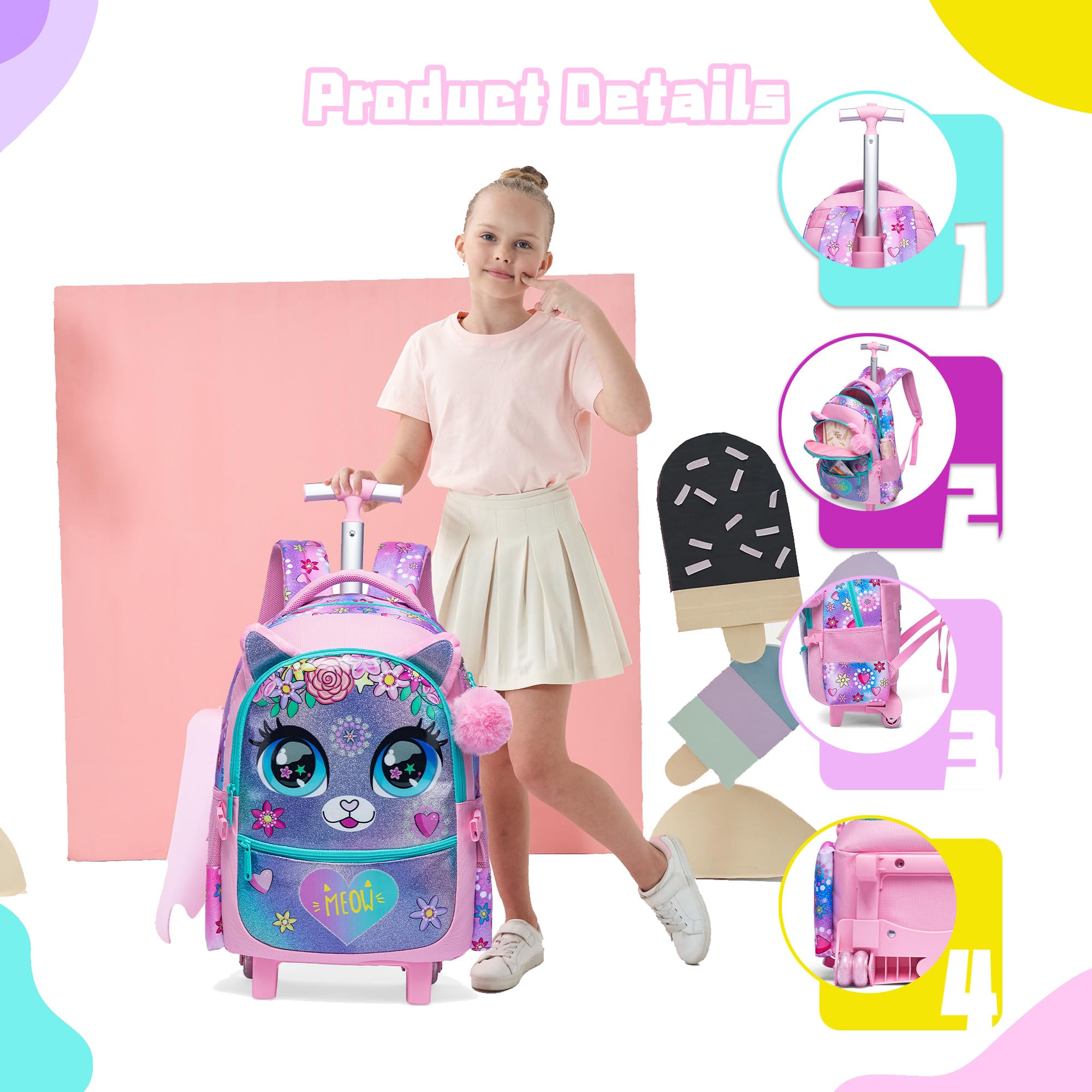 Meetbelify Rollrucksack für Mädchen Rucksäcke mit Rollen für Grundschüler