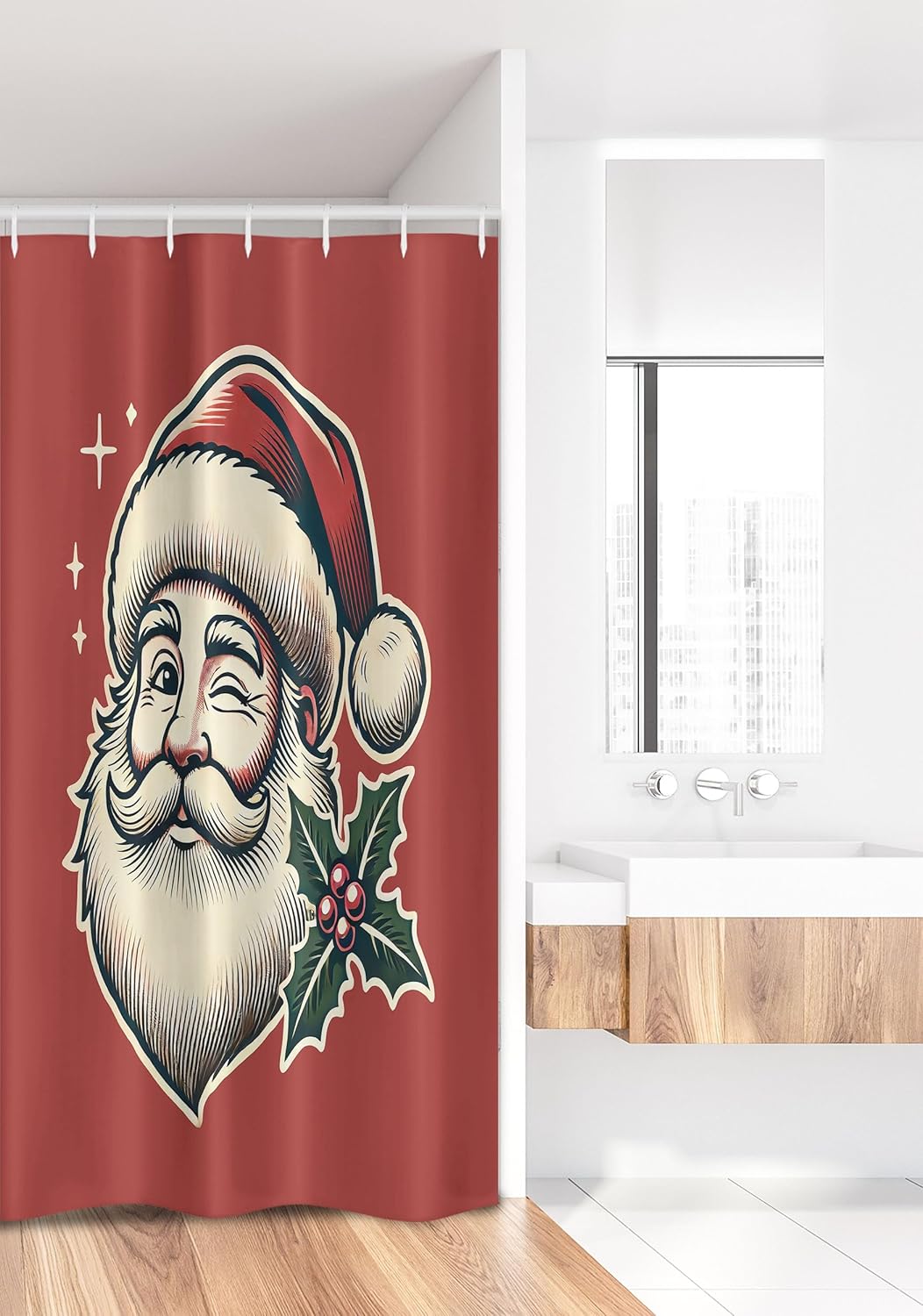 Ambesonne Christmas Stall Shower Curtain, American Traditional Santa Claus Illustration with Xmas Leafy Berry, Fabric Bathroom Decor Set with Hooks, 36" W x 72" L, Pale Maroon Cream Green
