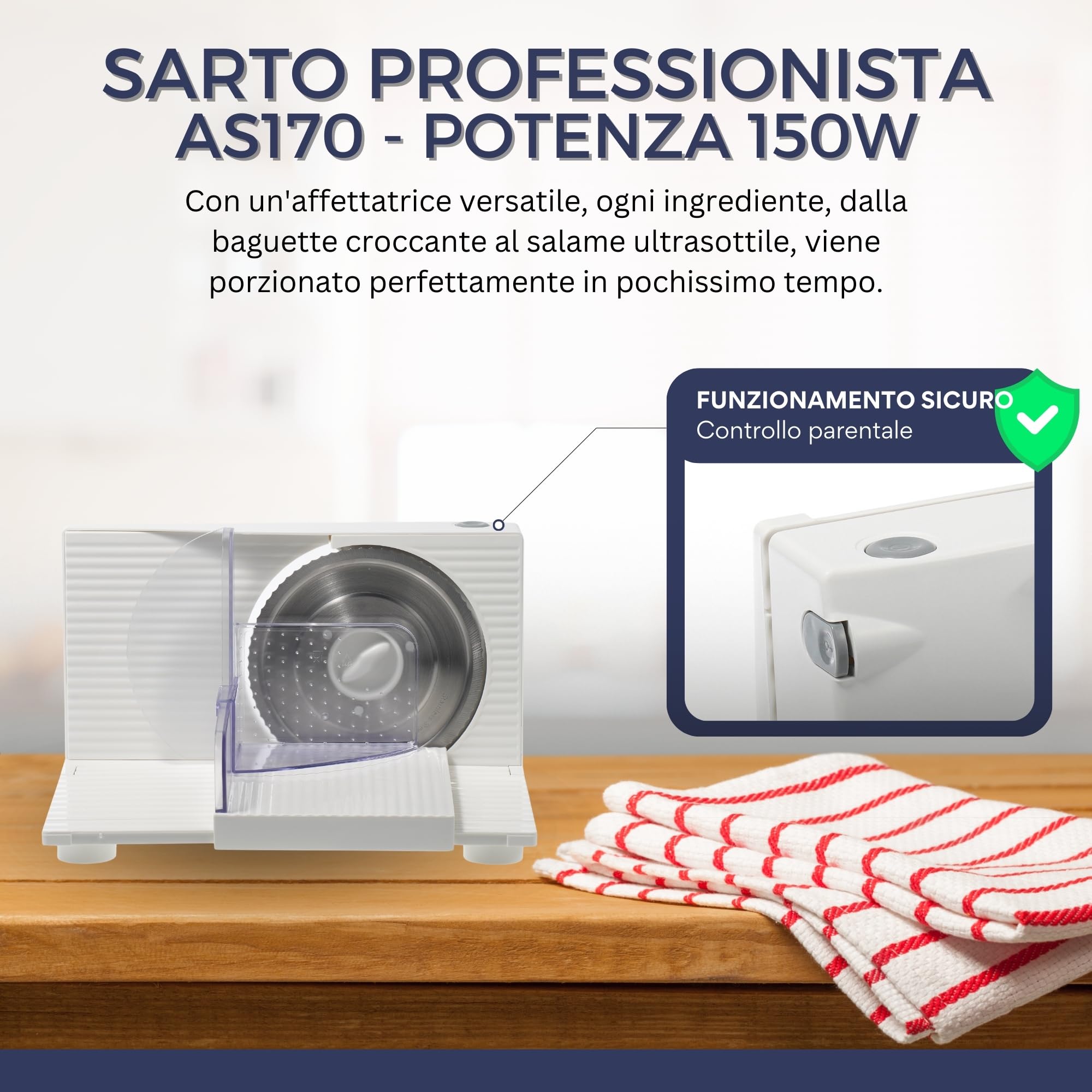Sommertal Affettatrice universale AS170 150 W in acciaio inox con lama seghettata, pieghevole e salvaspazio, affettatrice elettrica, affettatrice professionale, bianca, 0-15 mm