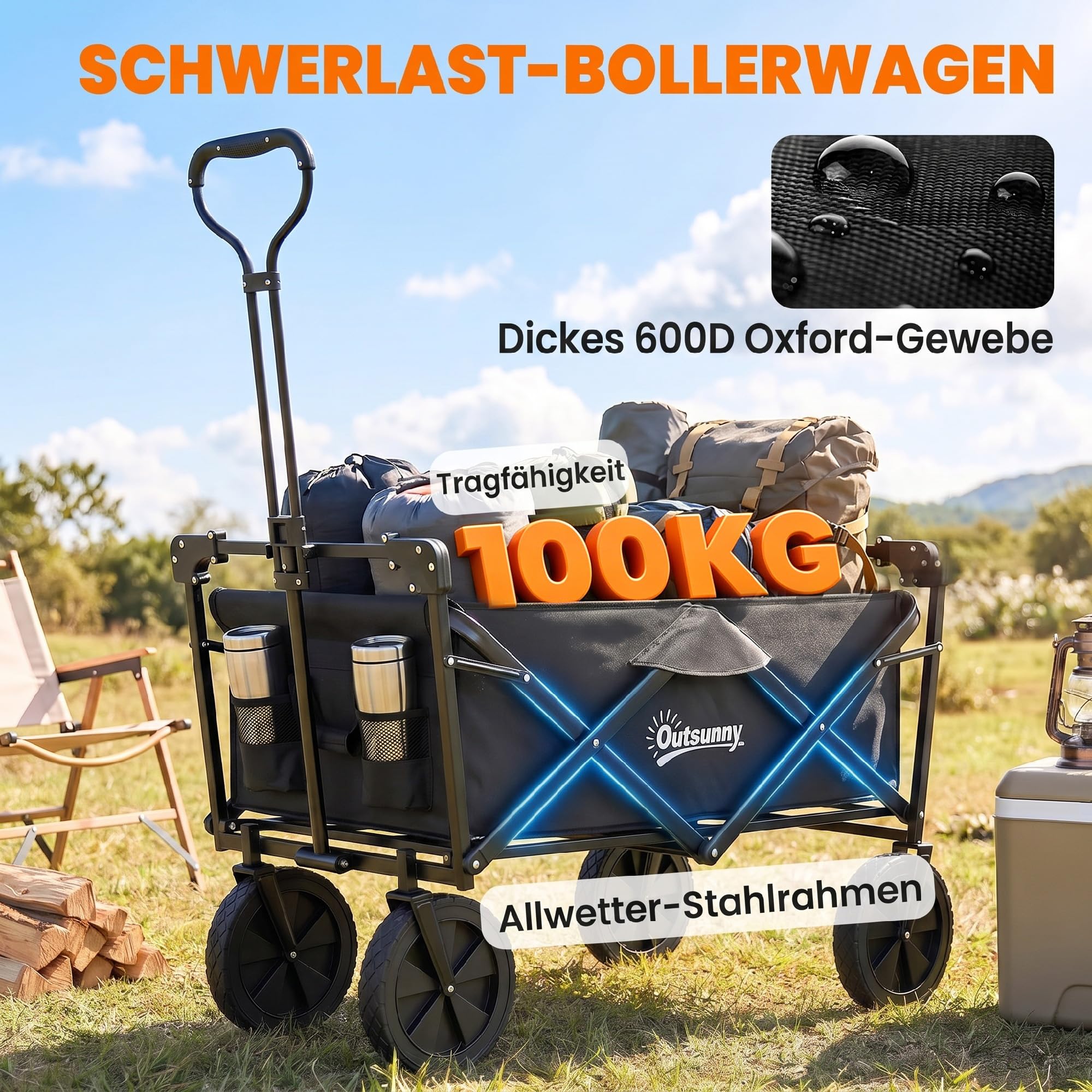 Outsunny Bollerwagen Faltbar Transportwagen mit Sonnendach 100 kg Schwarz | Handwagen mit Griff, Gartenwagen mit Tragetasche, Oxford