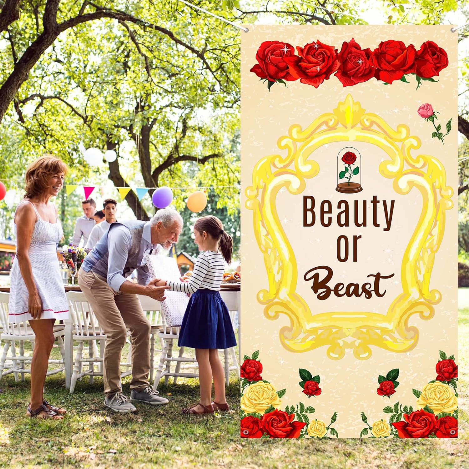 Beauty or Beast Door Banner Gender Reveal Pregnancy Door Cover Decor Rose Flower and Kingship Sign Party Photography Background Supplies