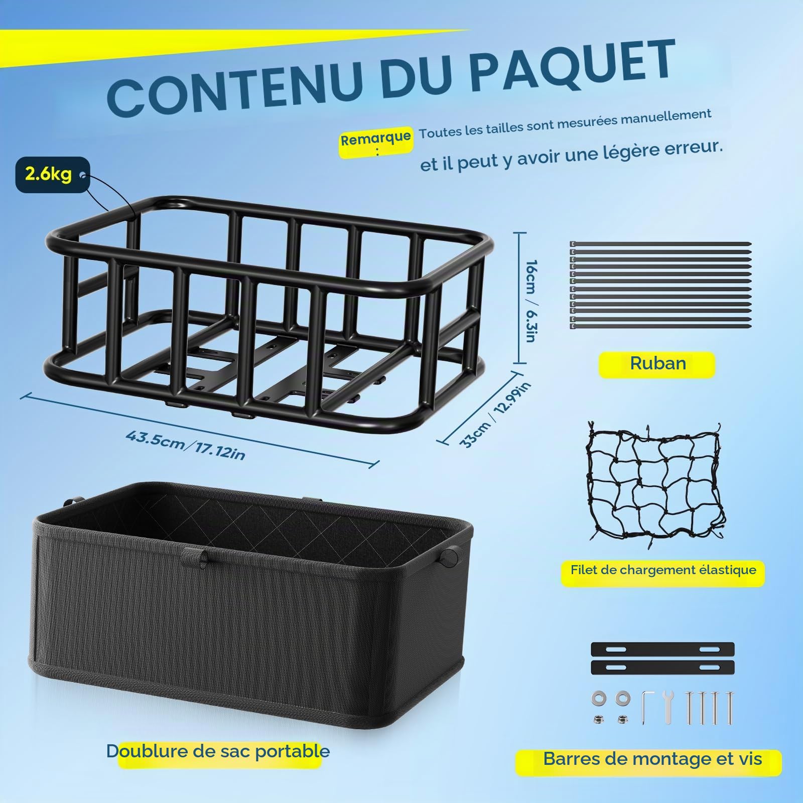 Panier Velo Arriere pour vélo,Carbone épais,Charge maximale 30 kg, Panier avec Doublure étanche et Filet élastique, résistant à la Rouille et aux intempéries, Compatible vélo et vélo électrique