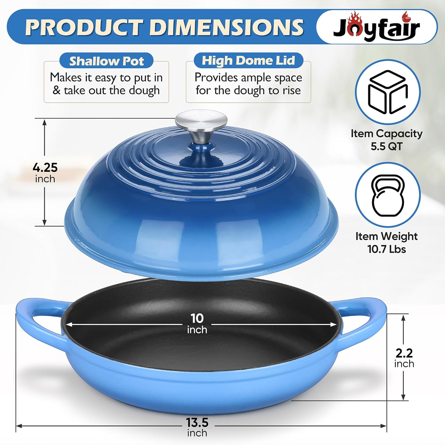 Bread Dutch Oven for Sourdough Baking (5.5 QT), Joyfair Enameled Cast Iron Dutch Oven Pot with Lid, Sourdough Bread Pan with Heavy Duty Dual Handles, Non-Stick & Even Heat, Oven-safe up to 500°F, Blue - Image 7
