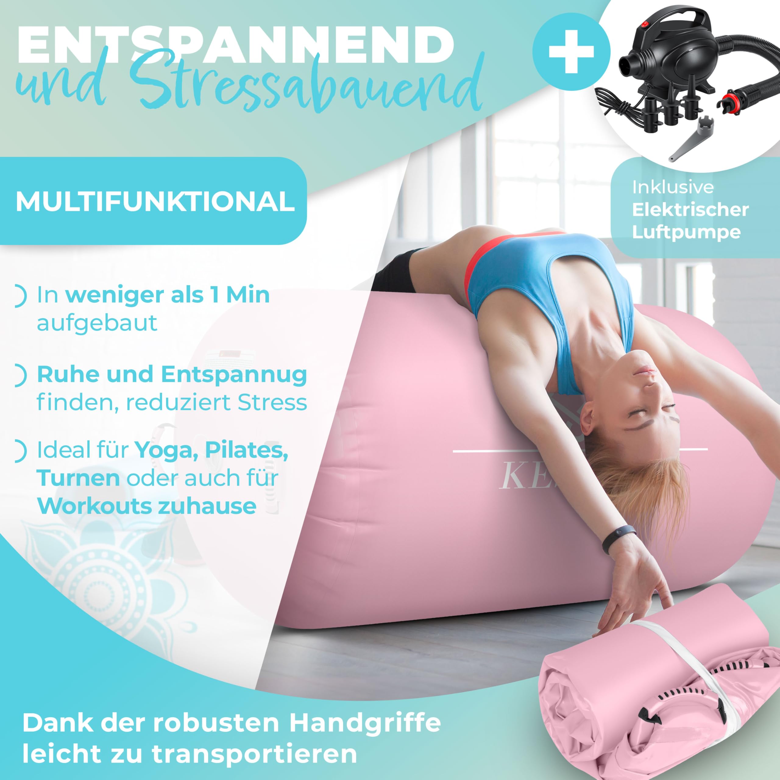 KESSER® Air Roll Airtrack, rullo gonfiabile, per ginnastica, con borsa per il trasporto e pompa ad aria, a barile, per la ginnastica, per lo yoga, per il fitness,