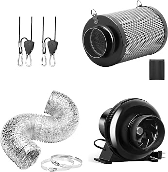 iPower 4 Inch 195 CFM Inline Fan Ventilation Exhaust Blower, Air Carbon Filter, 8 Feet Flexible Ducting and Rope Hanger for Grow Tent, HVAC Heating Cooling