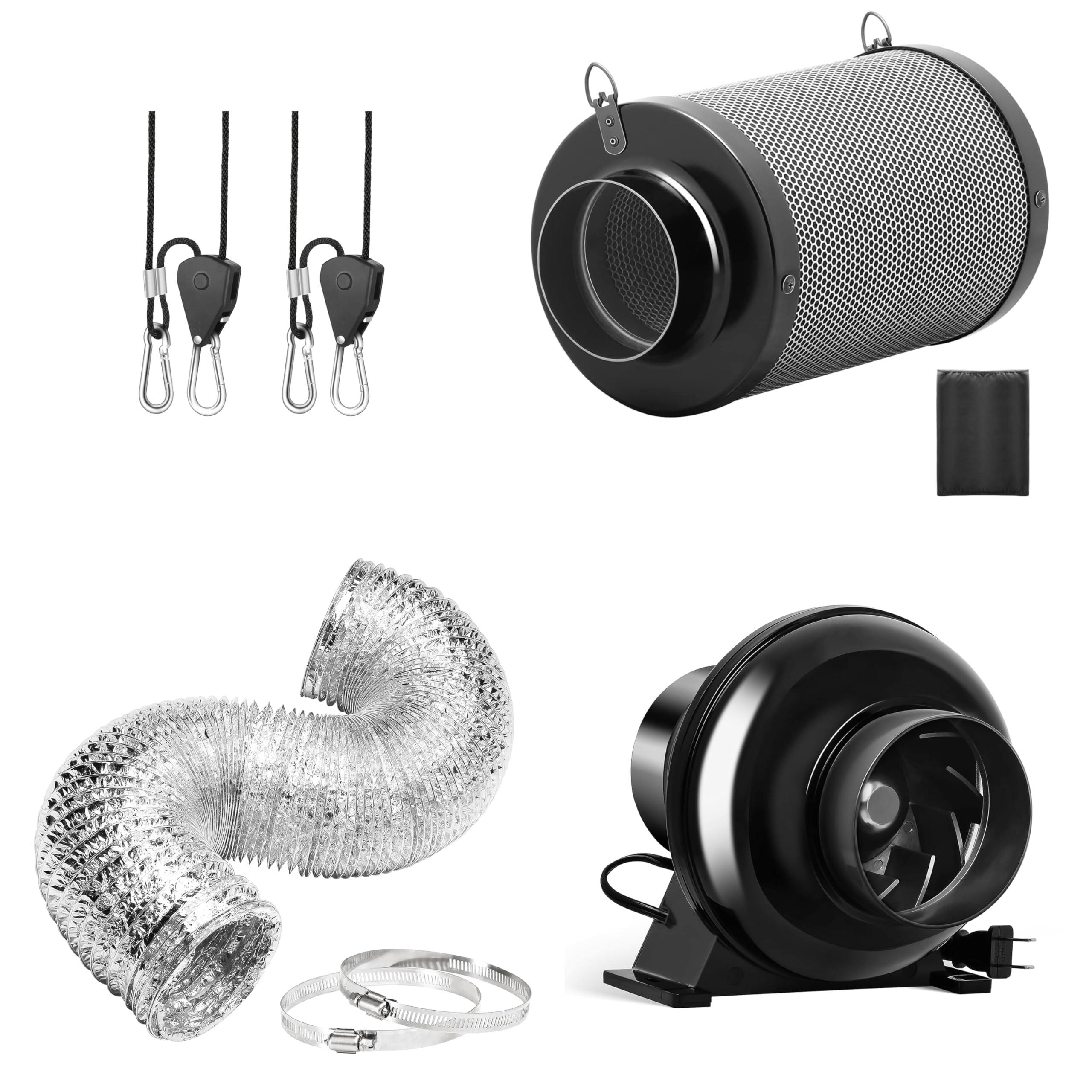 Ipower Black 4 Inch 195 Cfm Inline Fan Ventilation Exhaust Blower, Air Carbon Filter, 8 Feet Flexible Ducting And Rope Hanger For Grow Tent, Hvac Heating Cooling