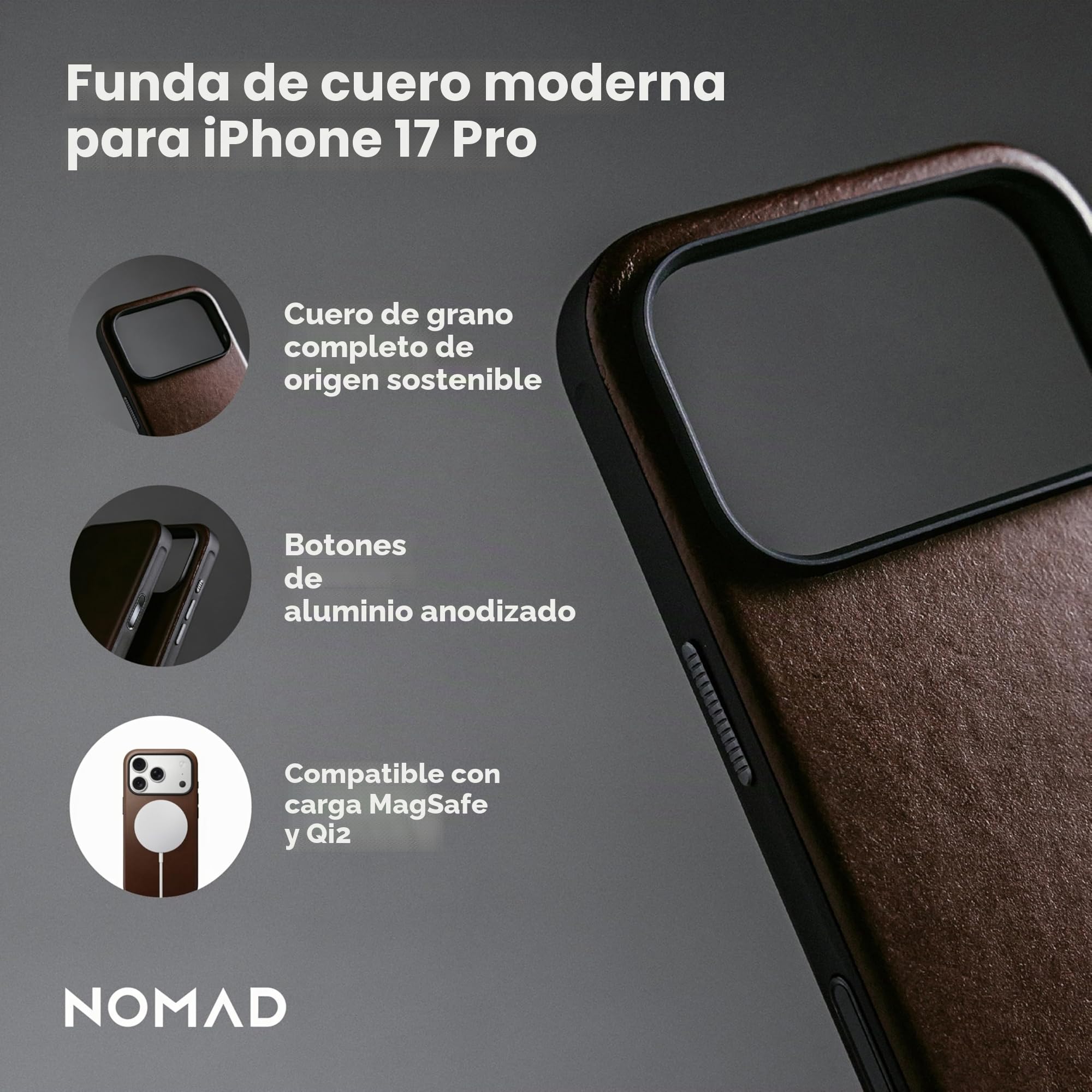 Nomad Funda de Piel Moderna Color marrón Compatible con iPhone 17 Pro de Piel Compatible con Magsafe para iPhone 17 Pro