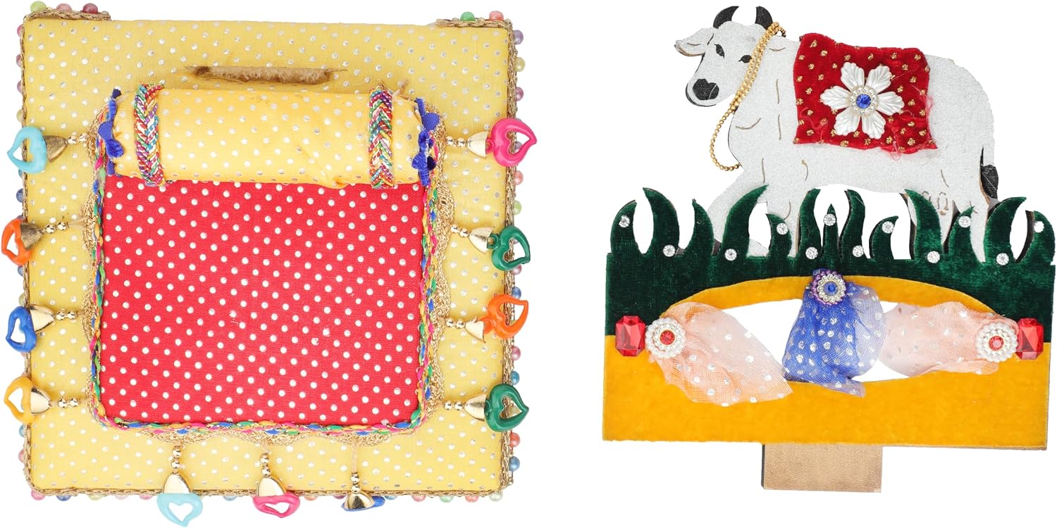 Decorative Laddu Gopal Singhasan Foldable Cow Design for Bal gopal Ji Velvet Mattress Cushion Gadda Dress Asan Set Indian Traditional Holi Festival Decorations Decor (Size:-6"X7")(Multicolour)