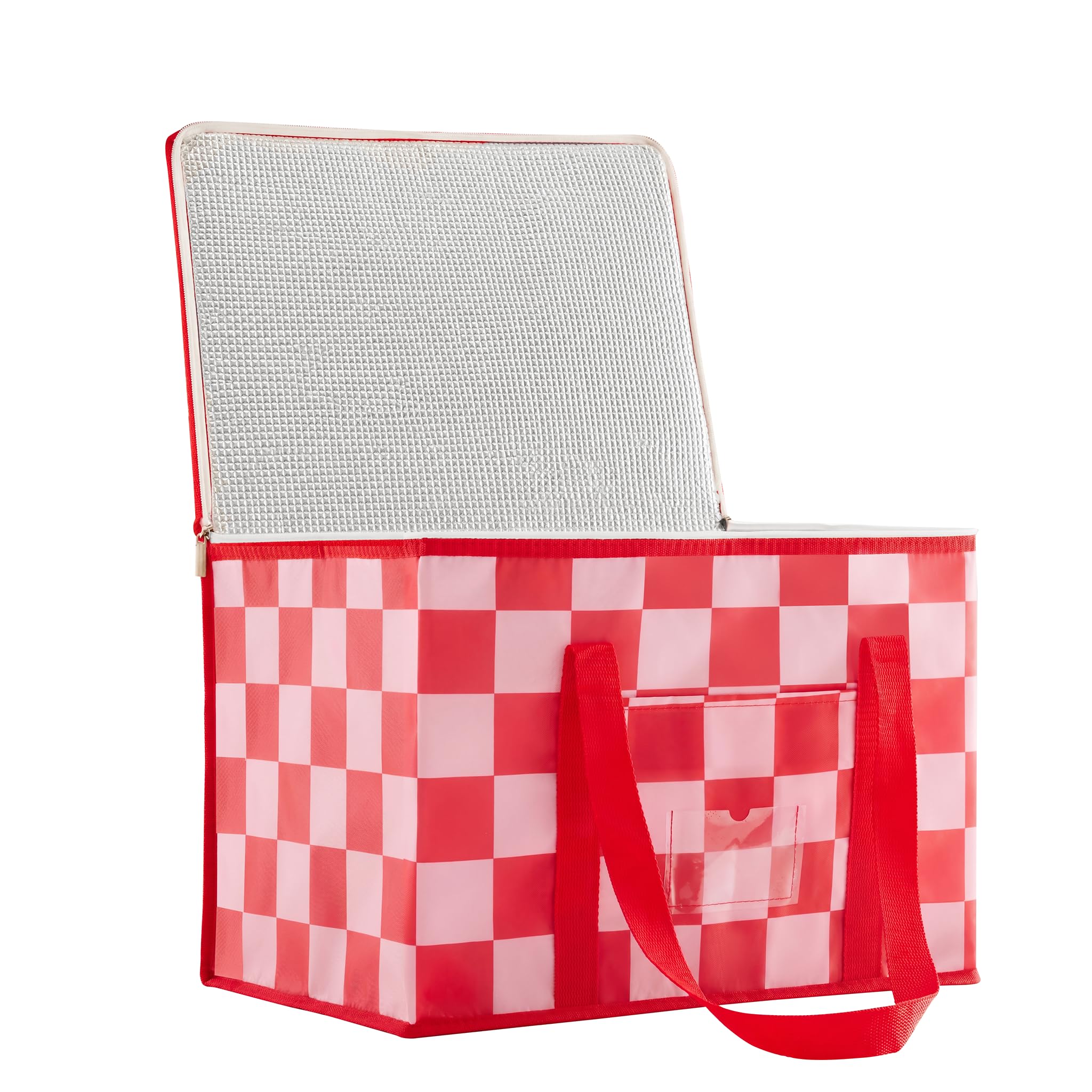 Ohocut Checkered Cooler Bag, Large 40L Foldable Insulated Grocery Shopping Bag, Checkerboard Cool Insulated Food Delivery Bag for Picnic, Camping, Travel (Double Pink)