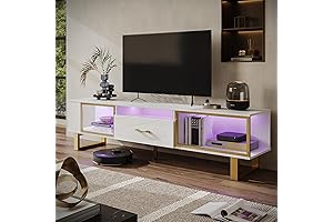 Bestier White and Gold TV Stand with LED Light and Half-Glass Design Drawer