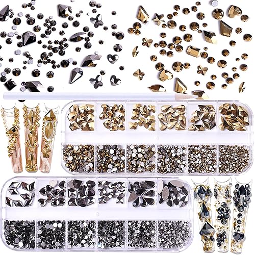 JERCLITY 1620 diamantes de imitación dorados minados con parte trasera plana, diamantes de imitación negros para uñas, cuentas redondas, cristales