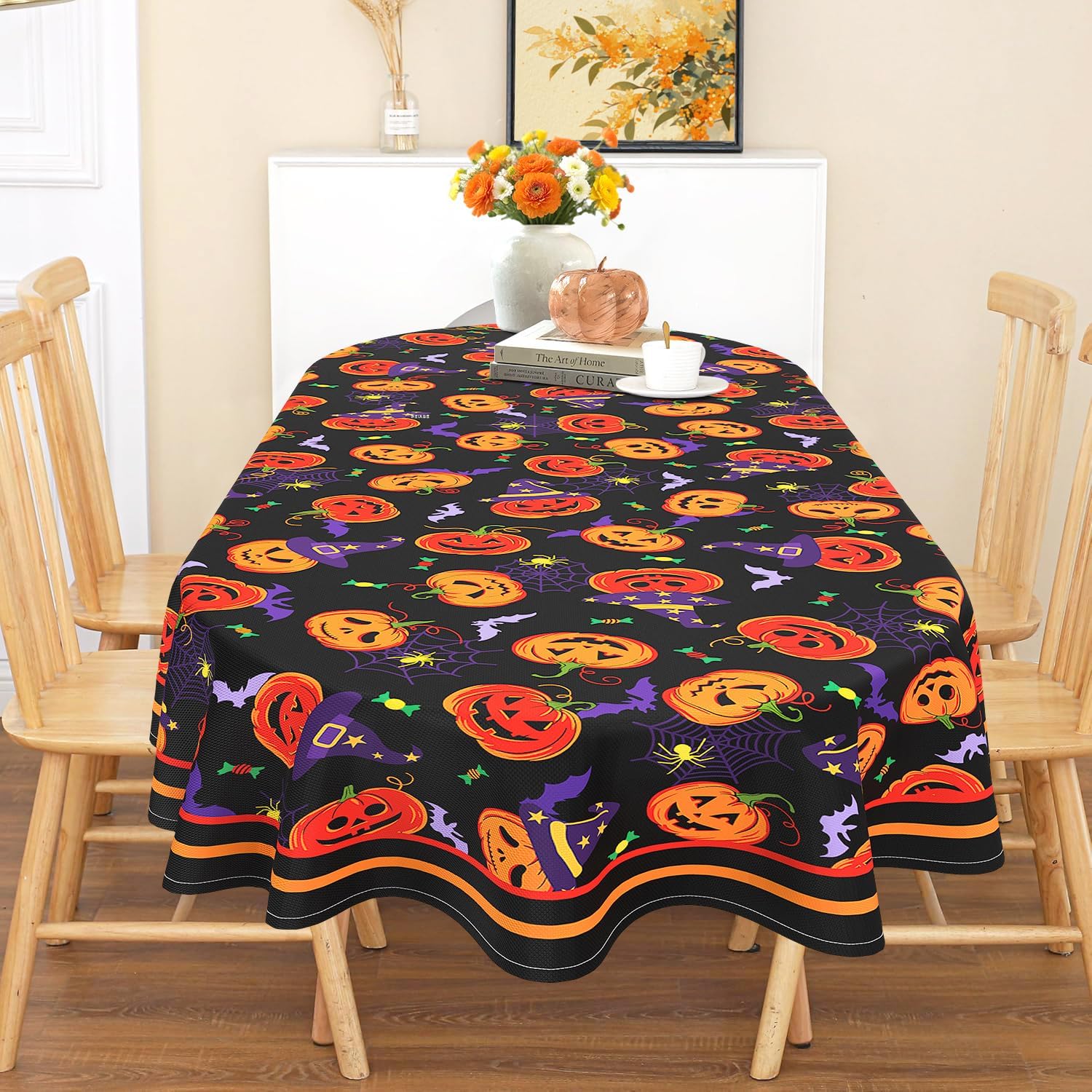 Halloween Oval Tablecloth 60x102 Inch Waterproof Bat Pumpkin Tablecloth Halloween Washable Table Cloth for Party Picnic Dinner Scary Home Decor