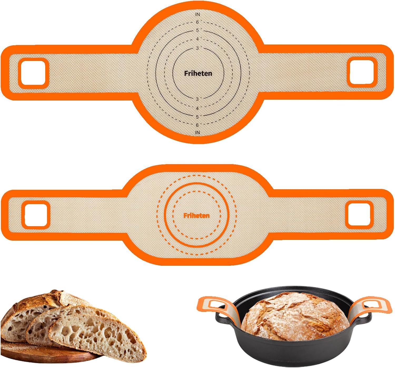 Sourdough Silicone Bread Sling -Oval and Round Non-Stick & Easy Clean Silicone Bread Mat for Dutch Oven. Reusable With Extra Long Handles Silicone Bread baking Supplies tools accessories (Orange)