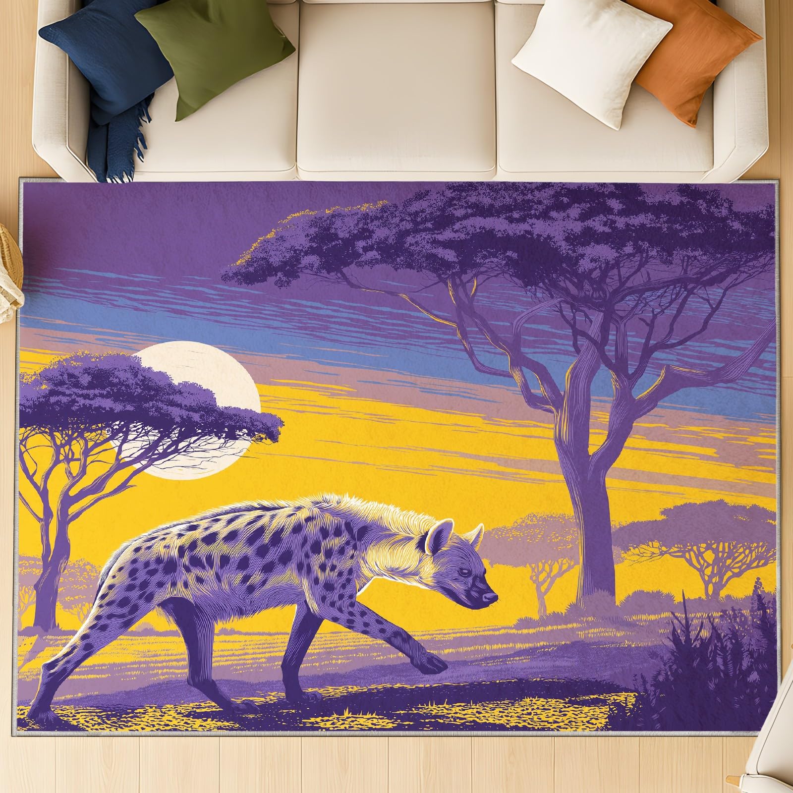 Generisch 80 x 150 cm, fantazyjny dywan z motywem zwierzęcym, dywan dla graczy, plemienny, z zapięciem na rzepy, hiena, sawanna, zachód słońca, można prać w pralce, dekoracja sypialni, pokoju