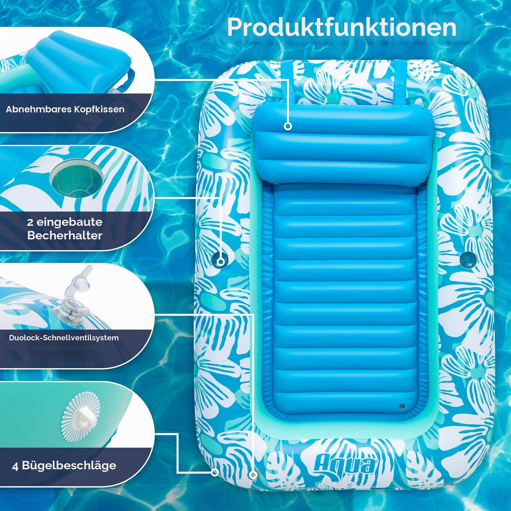 Aqua Aufblasbare Sonnenliege, Premium Pool Float mit Becherhaltern und abnehmbarem Kissen für Entspannung und Spaß